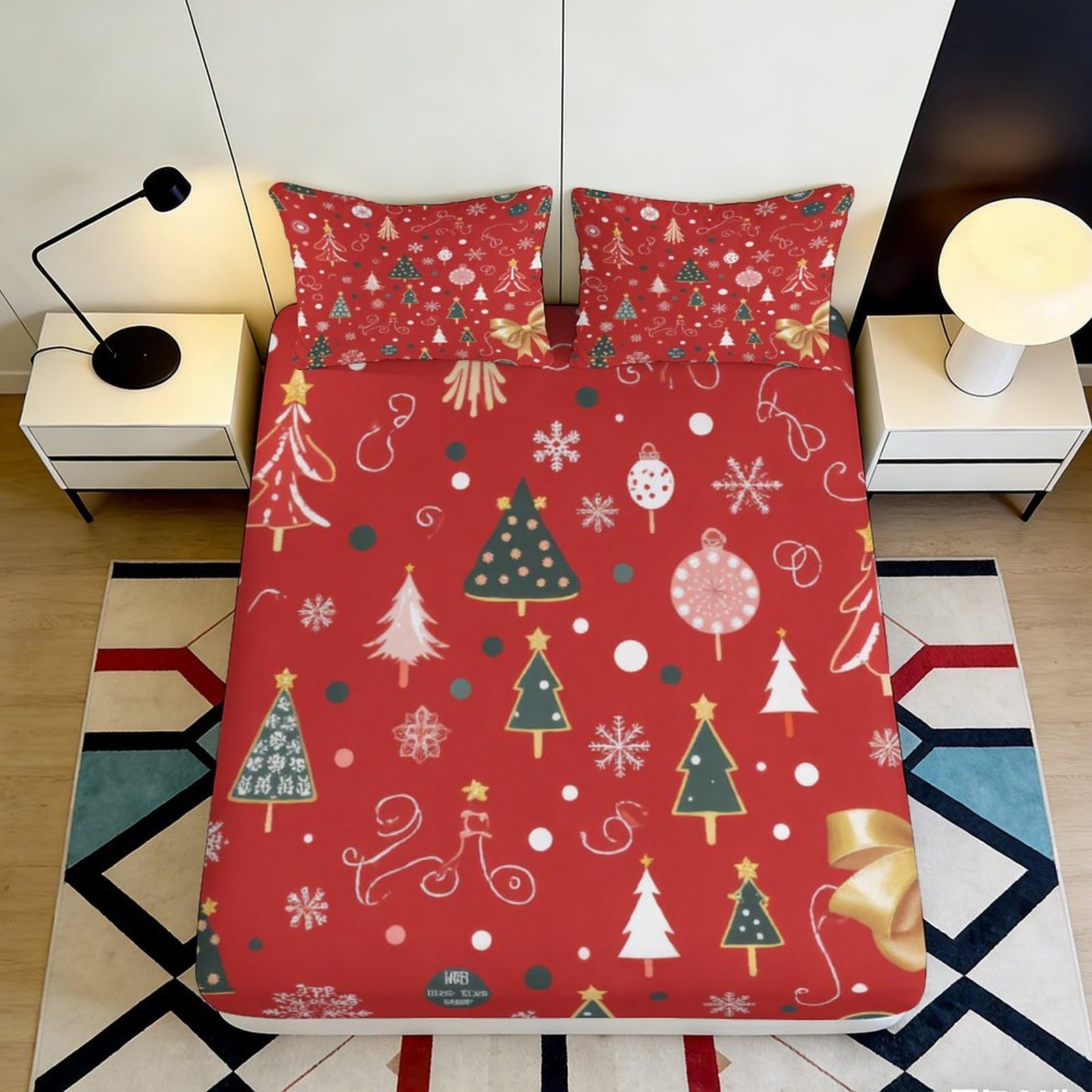 3D Printed Christmas Tree Fitted Sheet Microfiber Red Festive Ornament Mattress Cover for Bedroom Guest Room Easy Care 90x200x25cm