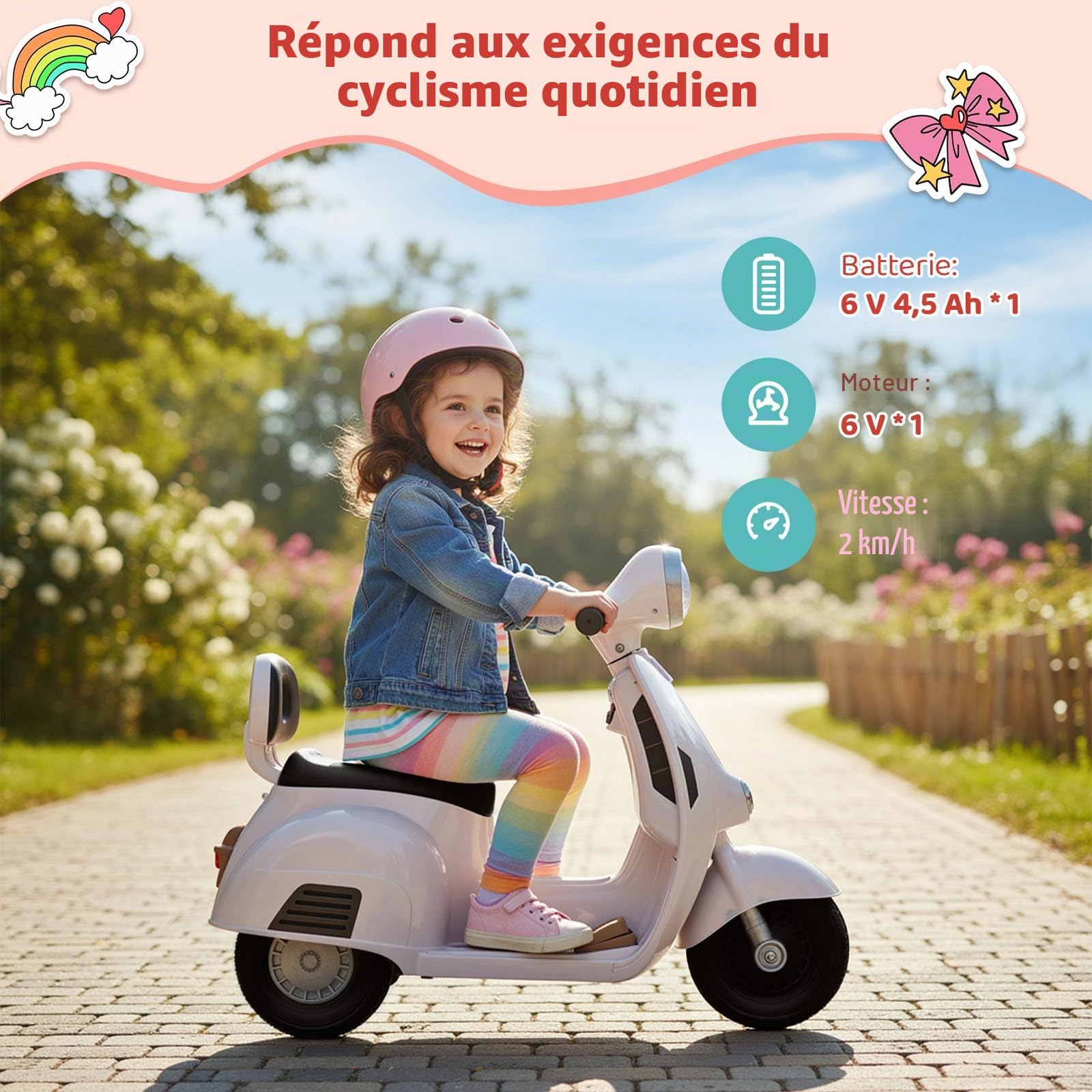 MAMIZO Moto Électrique pour Enfants 6V, Moto Électrique à 3 Roues, Marche Avant et arrière, avec Dossier, Phare, USB, pédale, Musique, 72 x 56 x 37 cm, 2km/h, Max 20kg, pour Enfants de 3-6 Ans, Blanc