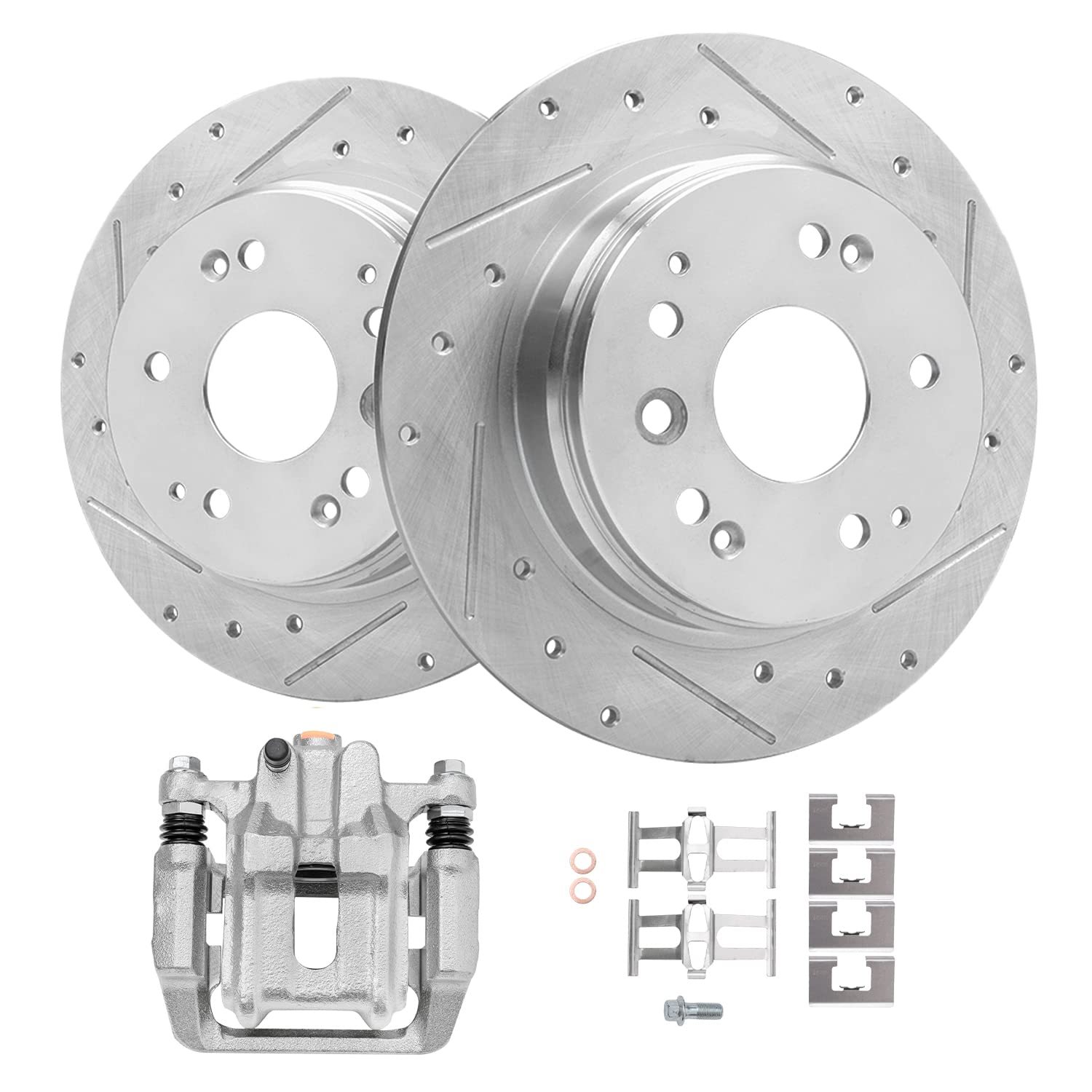 Detroit Axle - Rear Drilled Brake Rotors + Rear Left Disc Brake Caliper