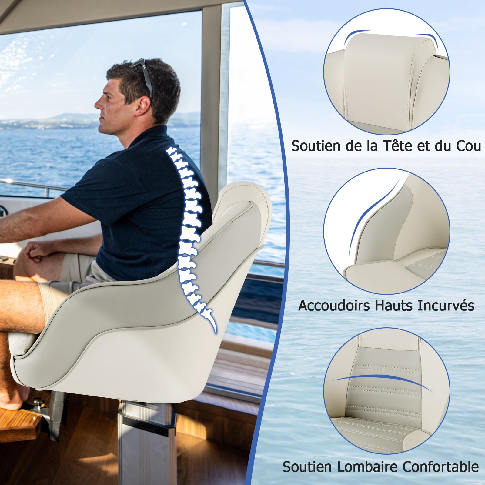 GYMAX Siège Baquet de Capitaine, Siège de Bateau Ponton Imperméable, Housse en Cuir PVC, Coussin en Eponge, Accoudoirs, Dossier, Chaise de Capitaine, pour Bateau de Tourisme, de Pêche, Hors-Bord