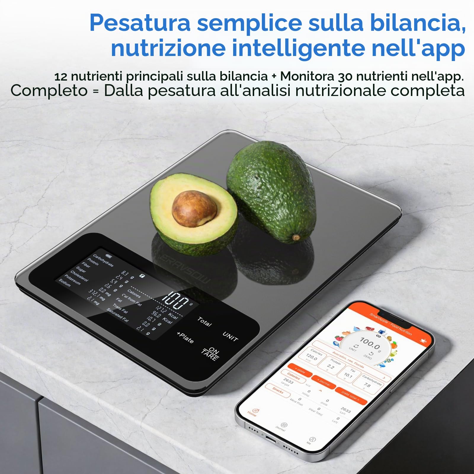 Smart Food - Bilancia da cucina con calcolatrice nutrizionale, app 30 nutrienti per il monitoraggio di calorie, grassi, carboidrati e proteine, obiettivi personali e rapporti giornalieri, informazioni