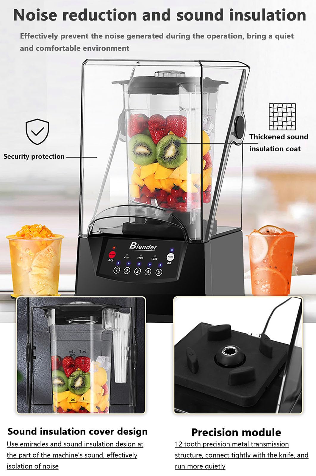 Blender Smoothie Maker, Komercyjny Blender O Mocy 2200 W Z Obudową Dźwiękową, Przycisk Czyszczenia, 5 Ustawień Wstępnych, Pojemność 2 L, Blender Do Smoothie, Do Smoothie, Owoców