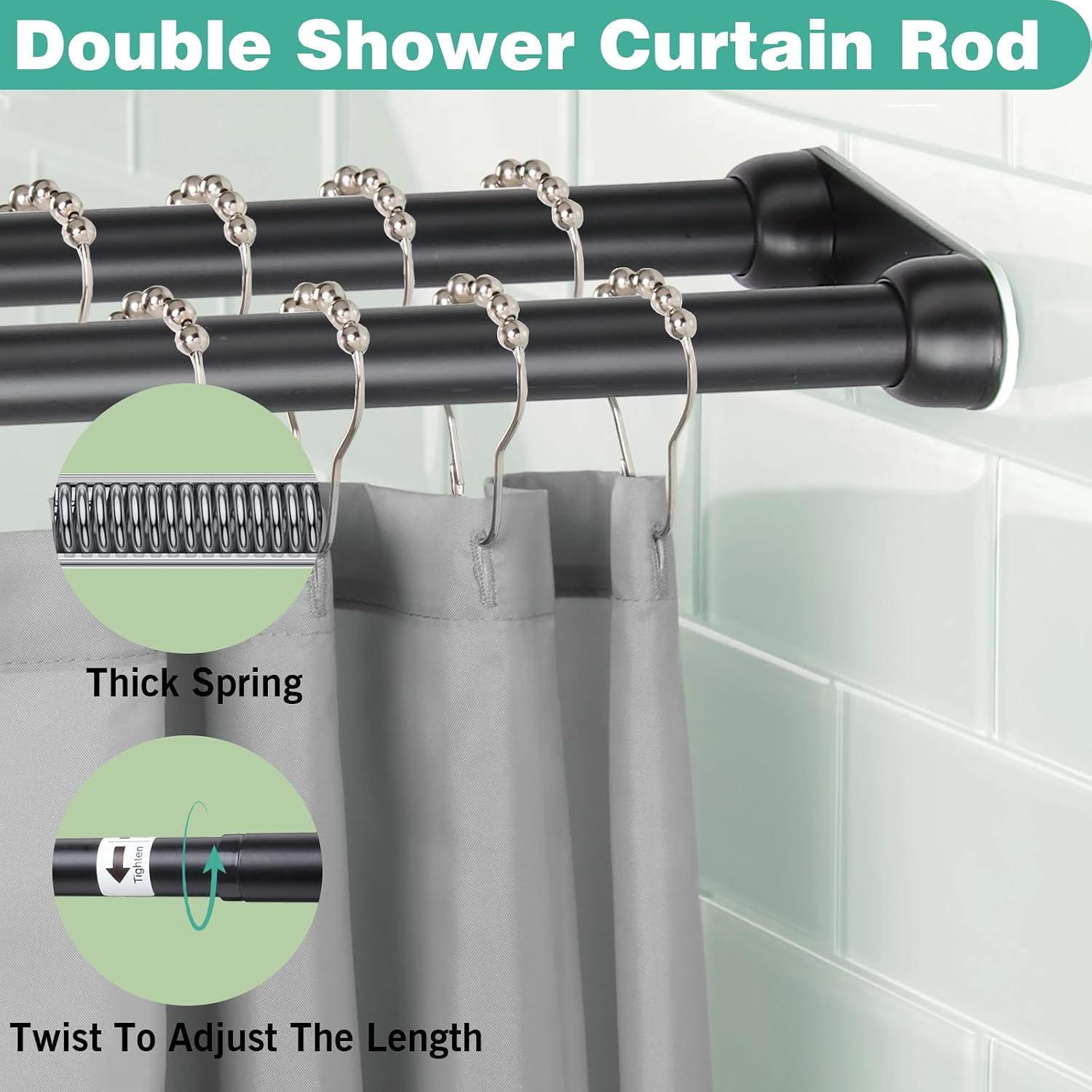 No-Drill Double Tension Shower Curtain Rod 36.4“-58”