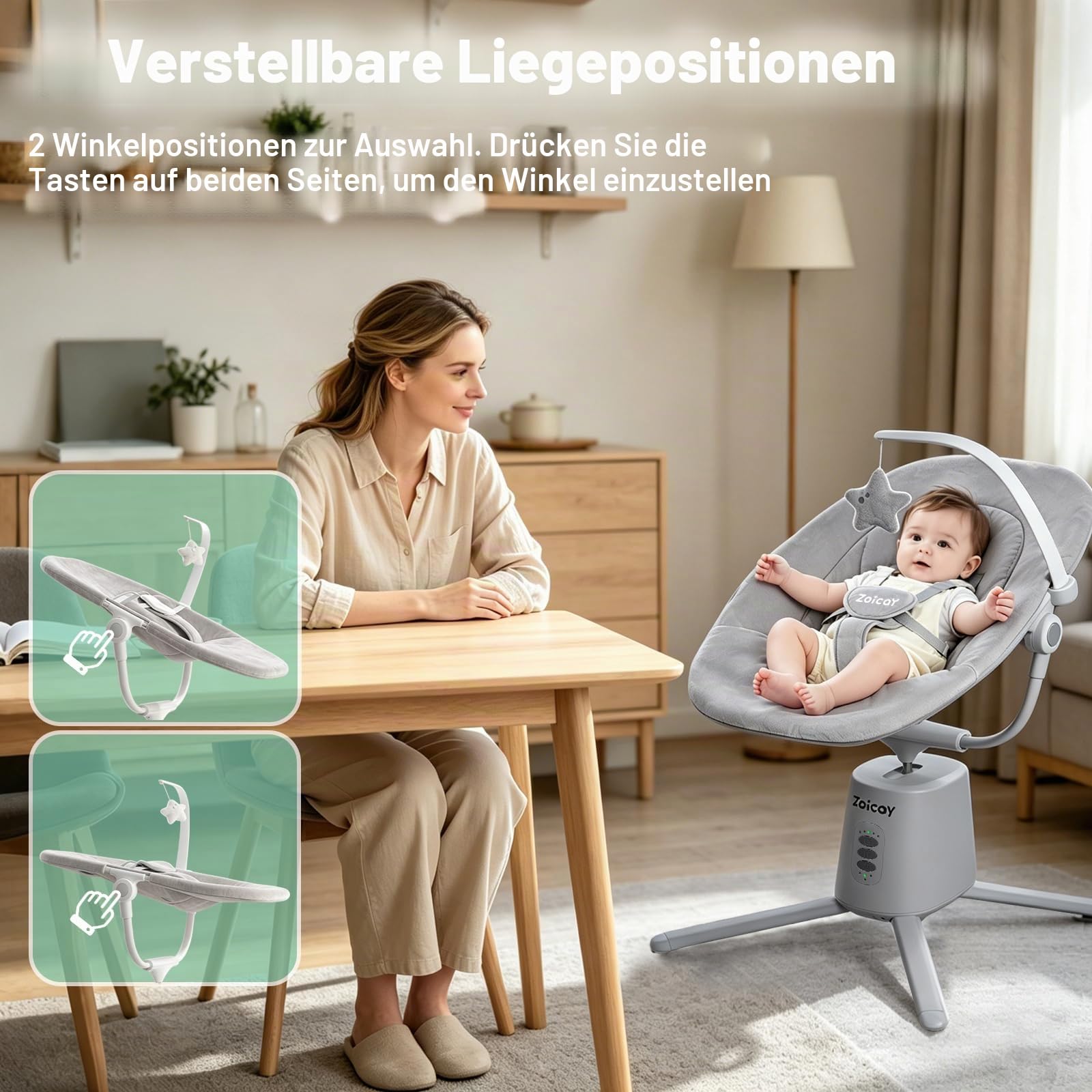 Babywippe Elektrisch mit 3 Modus 5 Tempo für Neugeborenes 0-9 Monate (Grau) | Babywippe 5-Punkt-Gurt Verstellbare Sitz Babyschaukel Fernbedienung Bluetooth Steuerung Timing und Musik Funktion