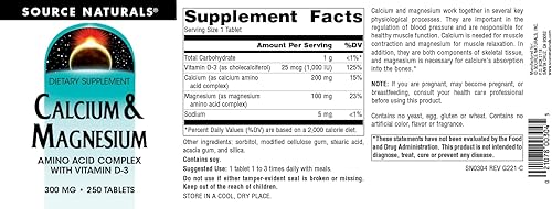 Miniatura 4 de Source Naturals Calcio y magnesio, complejo de aminoácidos con vitamina D-3, 300 mg - 250 tabletas