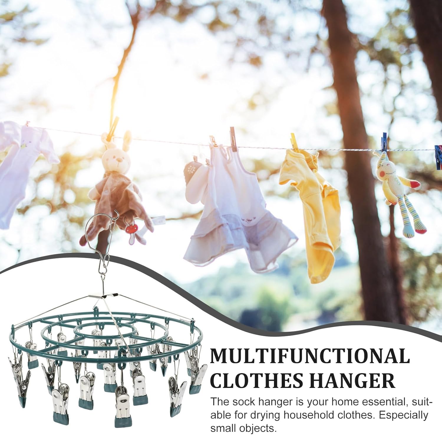 Abaodam Metal Laundry Drying Rack Hanger with 24 Clips, Green Plastic Coated Clothes and Underwear Dryer, Adult, and ’ Socks, Towels, and Organizer for Indoor and Outdoor Use