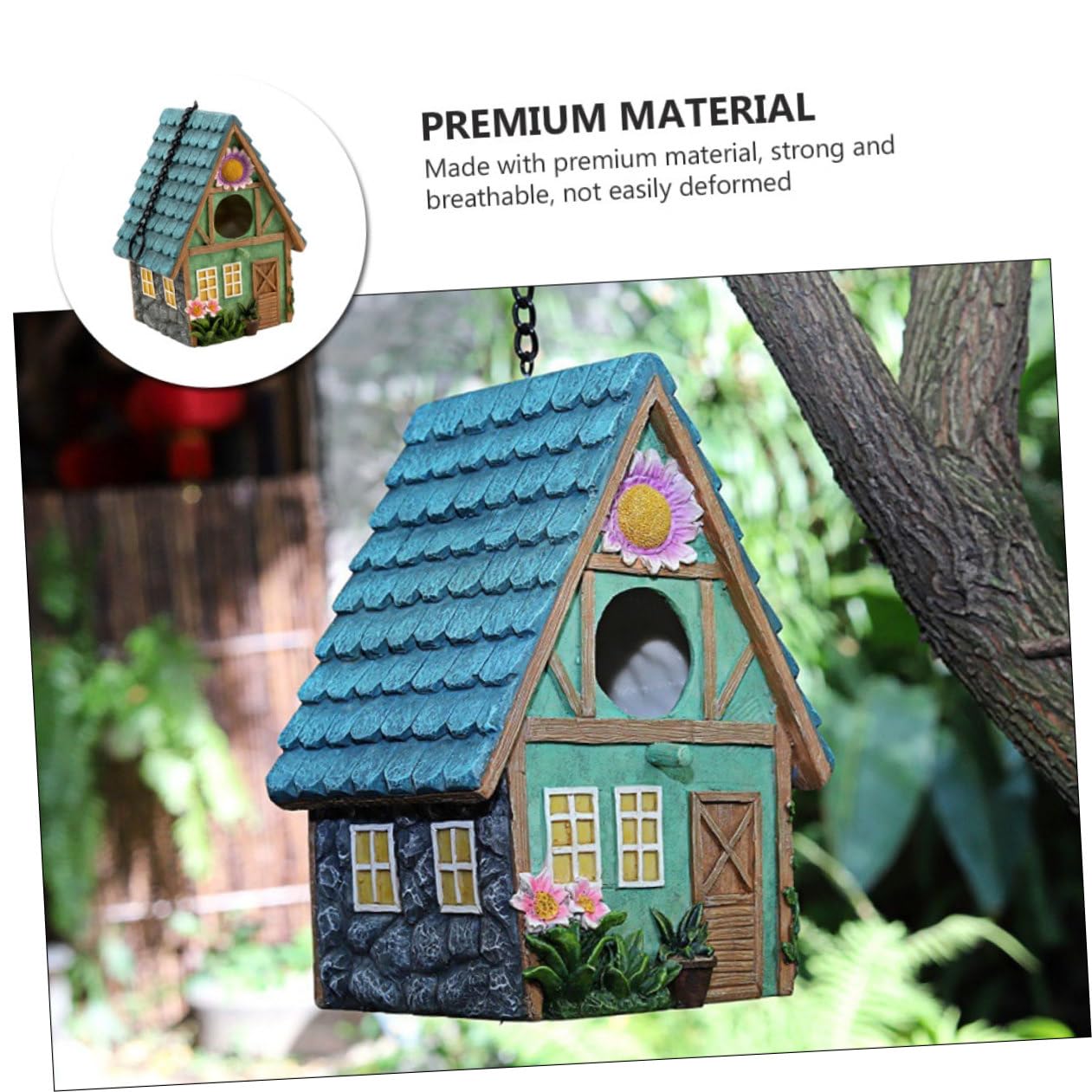 Casita para Pájaros de Resina, Colgante, Artesanal, Jardín | Refugio de Aves, Acabado Rústico y Sencillo, Aspecto Cercano Naturaleza, Fácil de Colgar