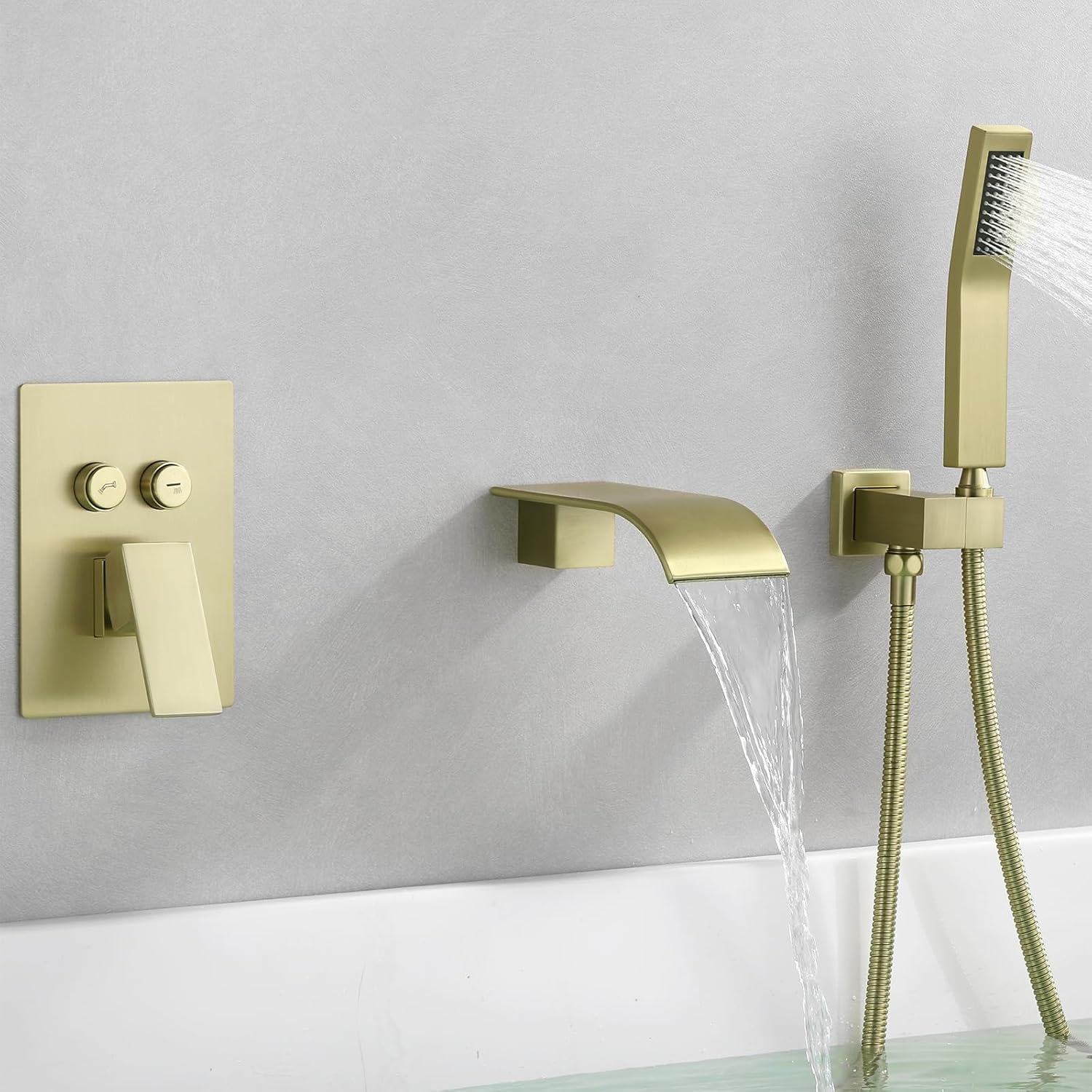 Wall Mount Waterfall Tub Faucet with Hand Shower,Roman Bathtub Tub Filler shower faucet set with Run all/alone Control Push-Button Diverter Solid Brass Pressure Balance Valve,Brushed Gold