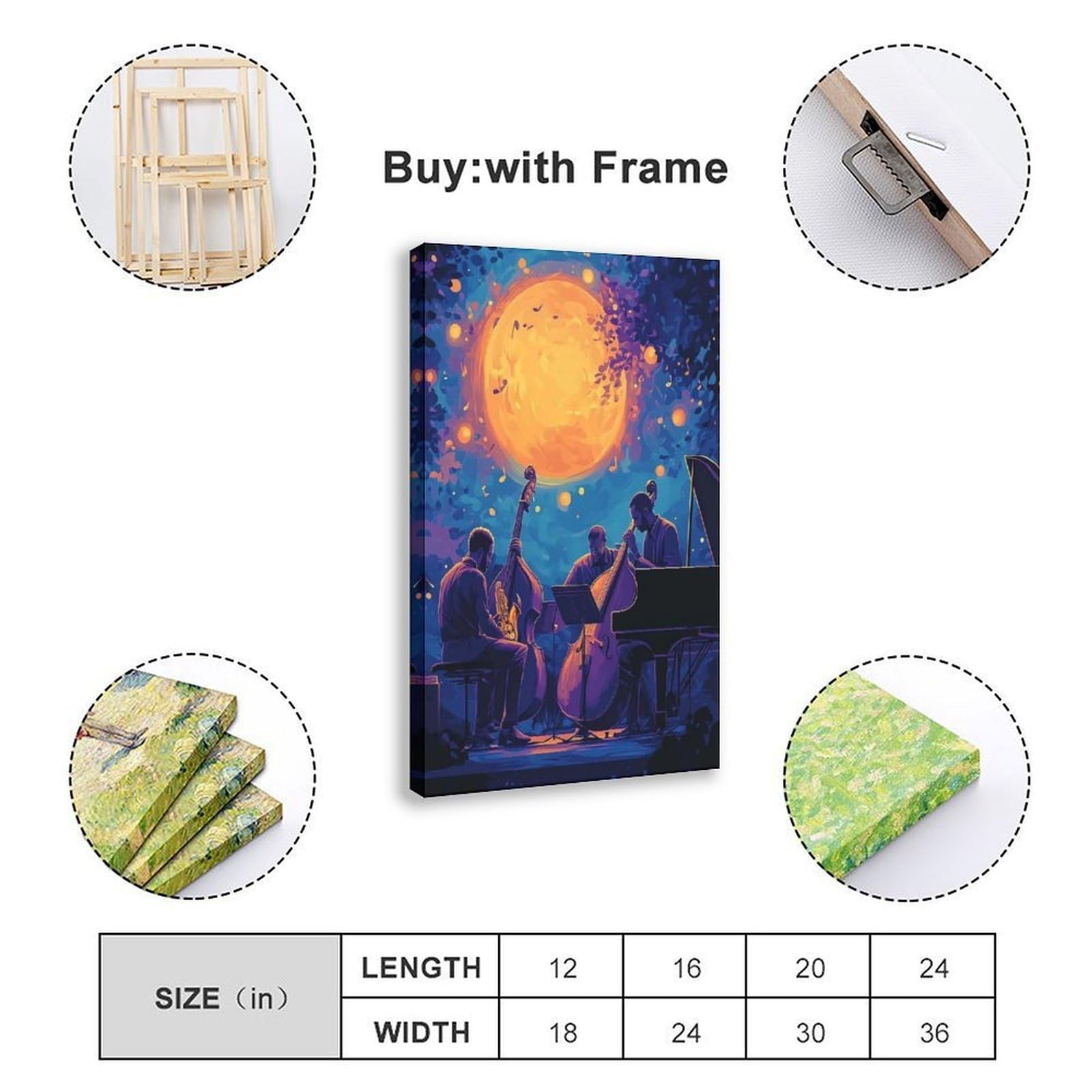 Illustrazione del quartetto jazz, poster artistico con musica notturna su tela, decorazione per camera da letto, ufficio, stanza, regalo, 40,6 cm L x 61 cm W
