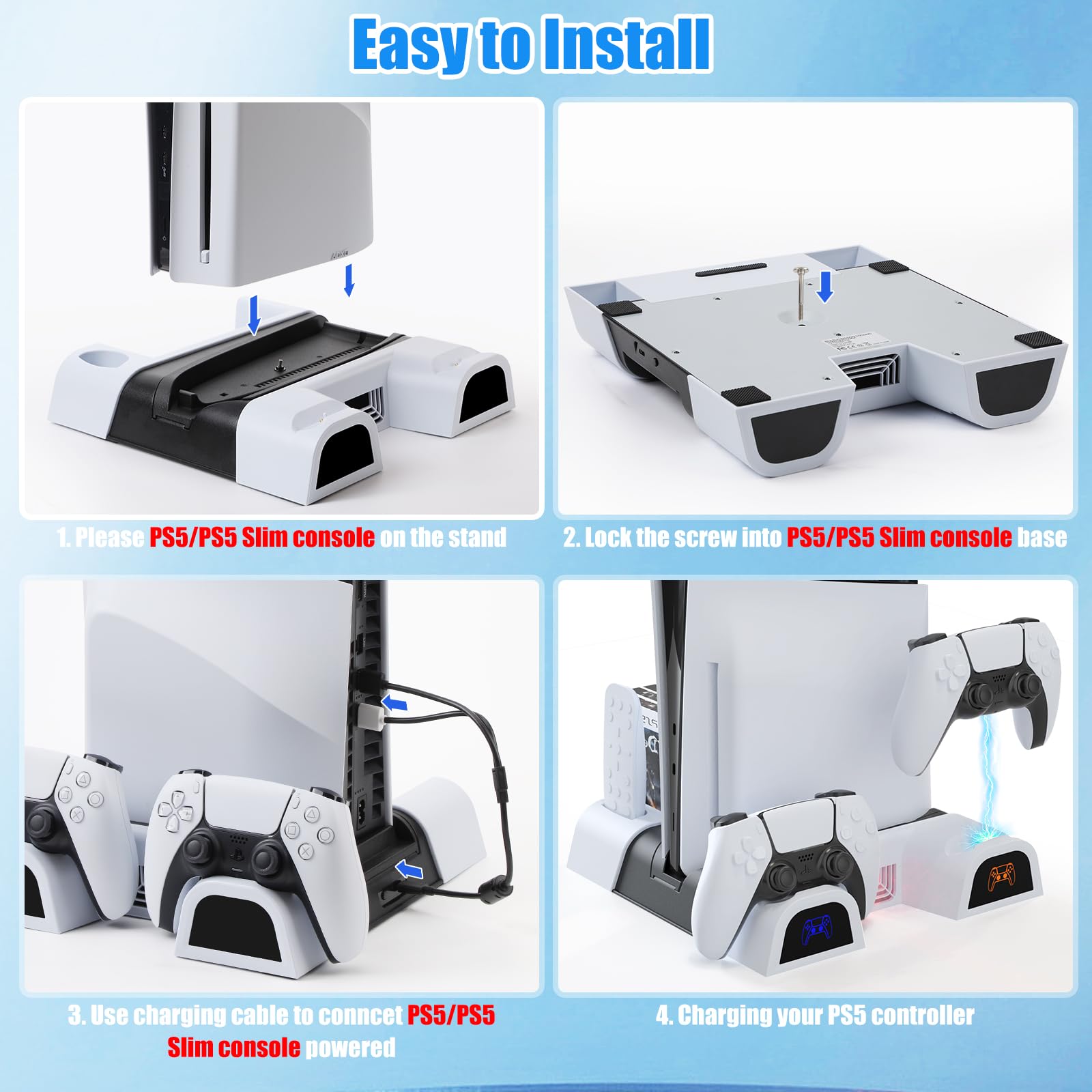 Supporto PS5/PS5 Slim con Ventola di Raffreddamento e Ricarica Controller PS5, PS5/PS5 Slim Supporto Verticale Compatibile con PS5/PS5 Slim con Indicatore di LED