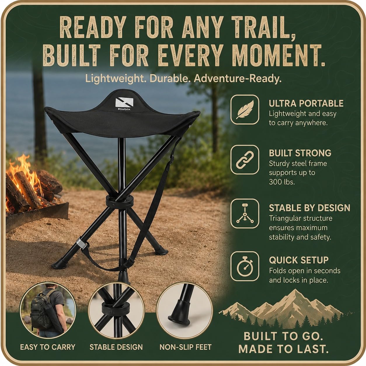 Taburete trípode plegable | Asiento ultra portátil para personas altas, 20 pulgadas de alto | Silla de caza con bolsillo oculto con cremallera | Taburete de camping de 2 libras con patas de