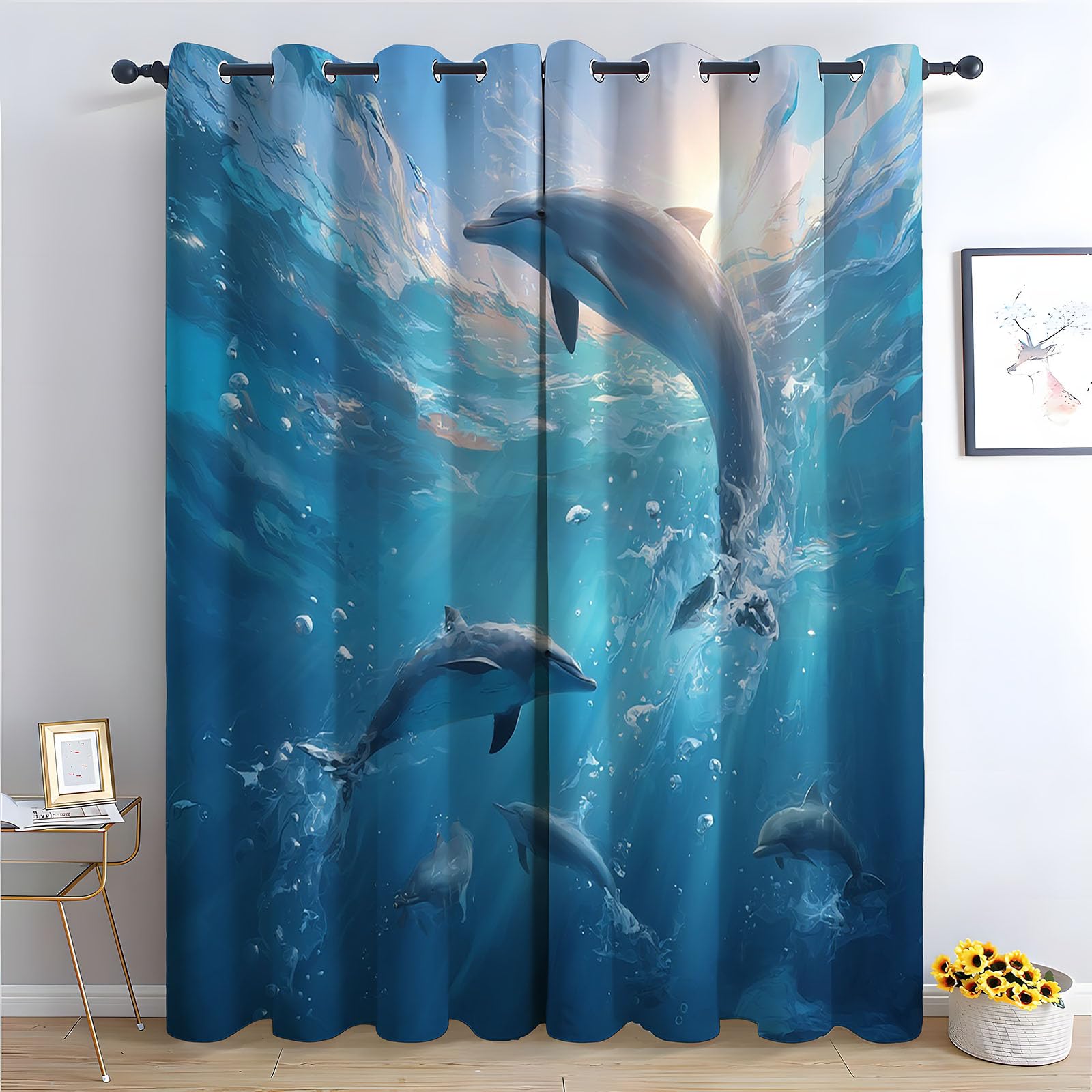 TERUEA Outdoor Curtains Garden Decor, Clear dolphin sun ray bubble ocean animal landscape Boho Home/Office Artistic Decor for Bedroom Living Room-42 W x 63" L (Pack of 2)