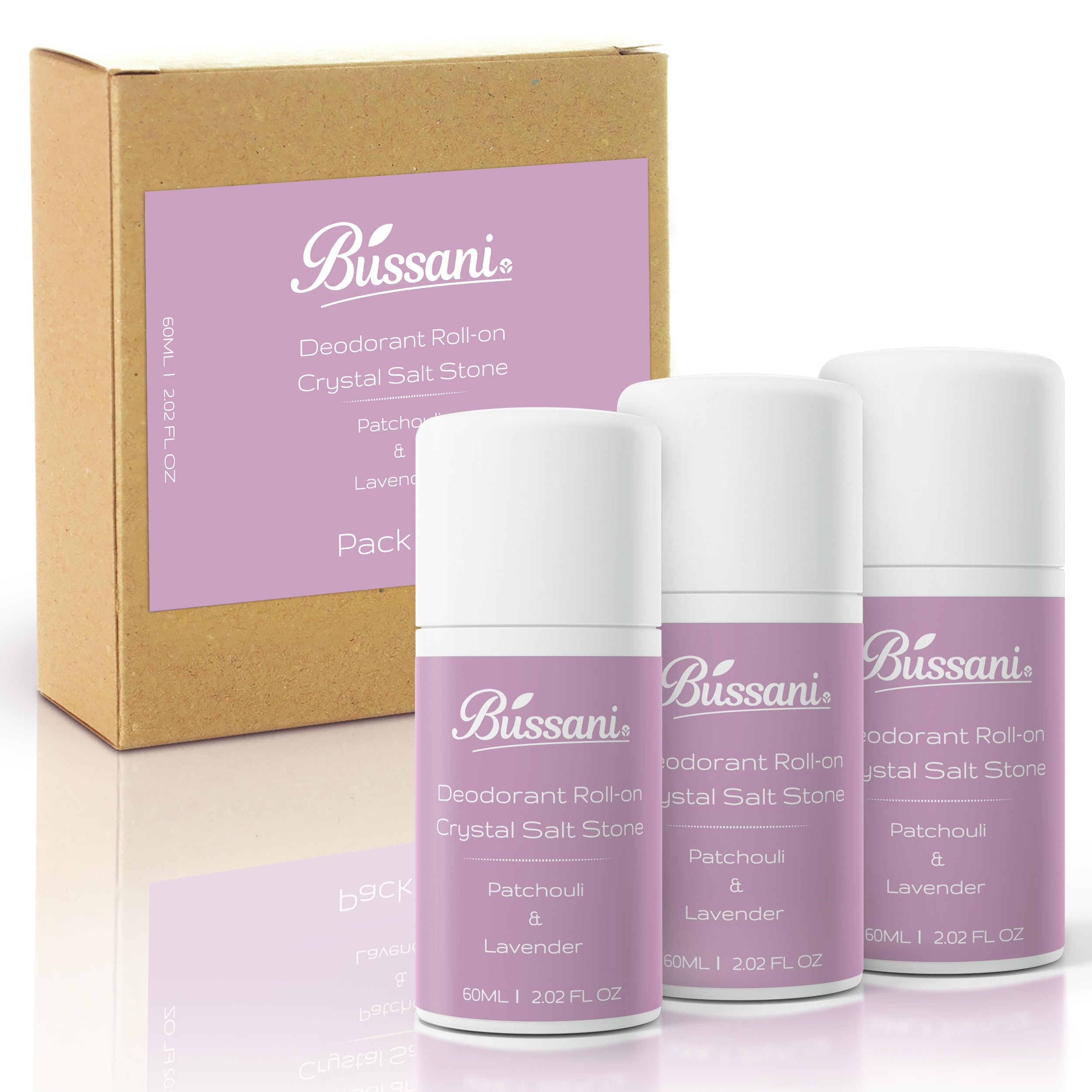 Bussani Deodorante naturale da 3 pezzi da 90 ml di lavanda al patchouli – Deodorante roll-on in pietra di cristallo per donna, protegge senza alcool, parabeni o alluminio, senza macchie e cruelty-free