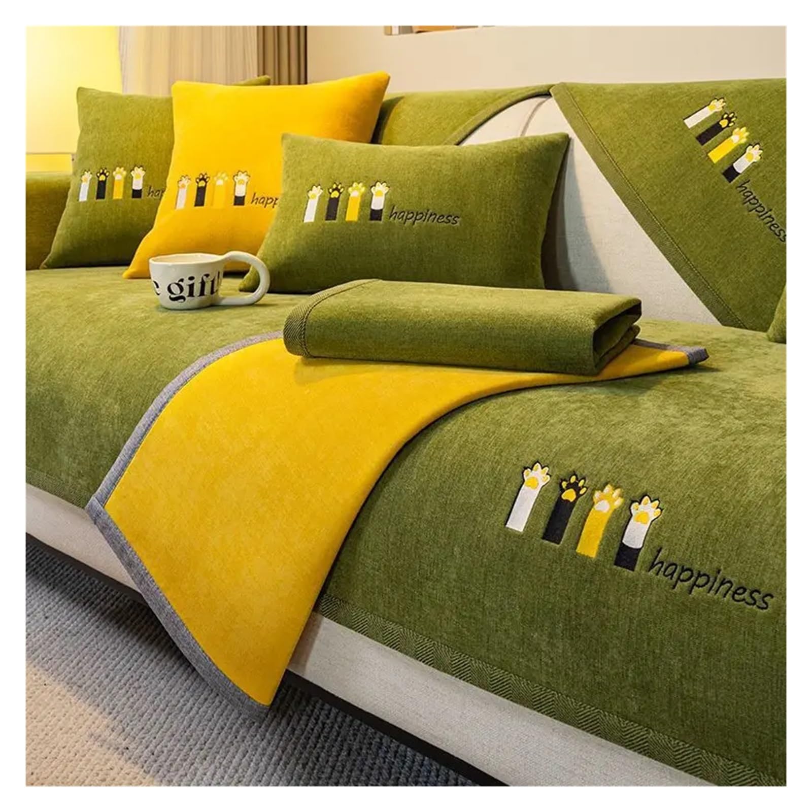 Copridivano Ciniglia Copridivano universale in morbida ciniglia ricamata, copridivano antigraffio, antiscivolo for soggiorno per il Soggiorno(Yellow,70x150cm 1pc)