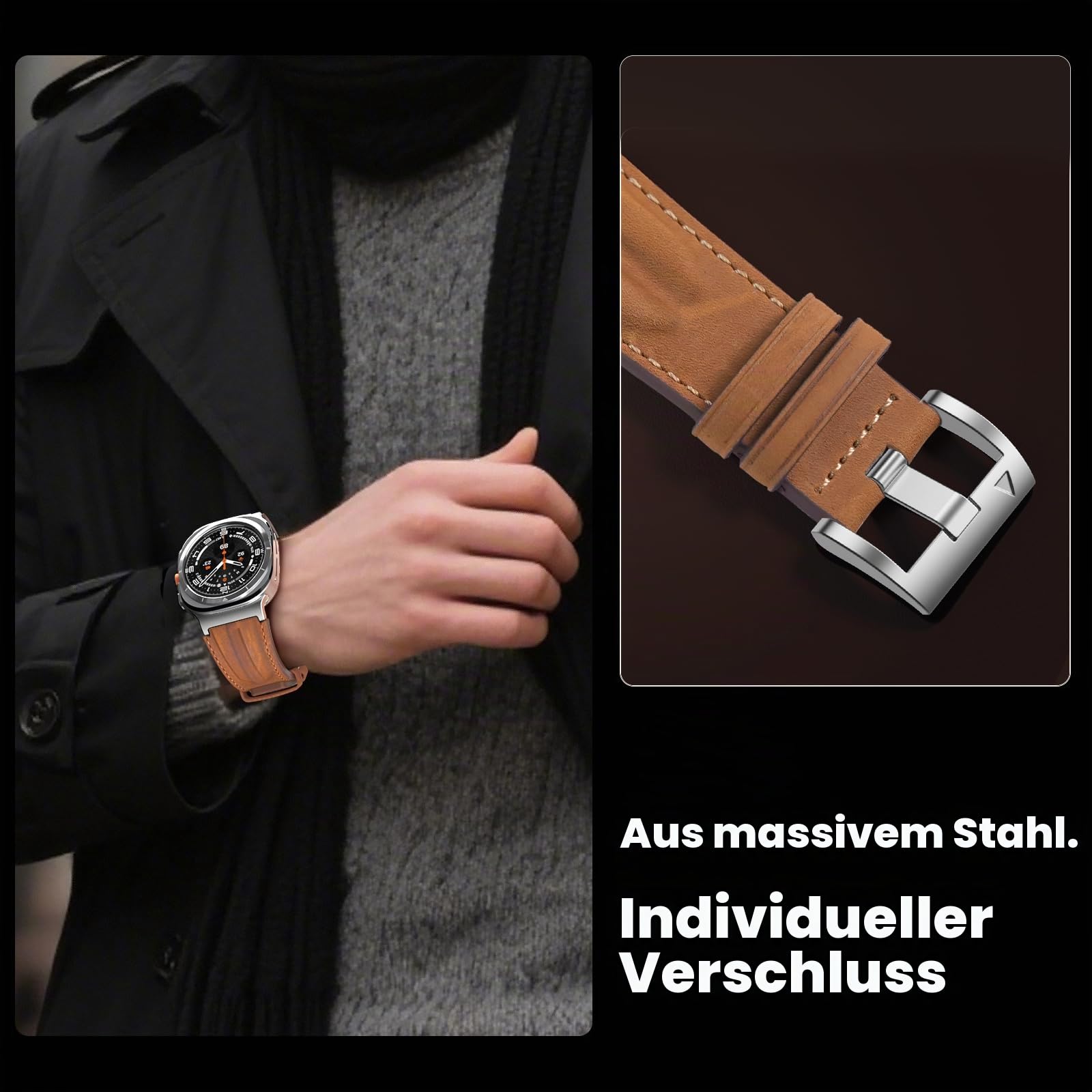 Armband aus echtem Vollnarbenleder, kompatibel mit Samsung Galaxy Watch Ultra Armbändern 47mm (2025/2024), robuster Metallverbinder, handgefertigt, Vintage Samsung Uhrenarmband für Männer und