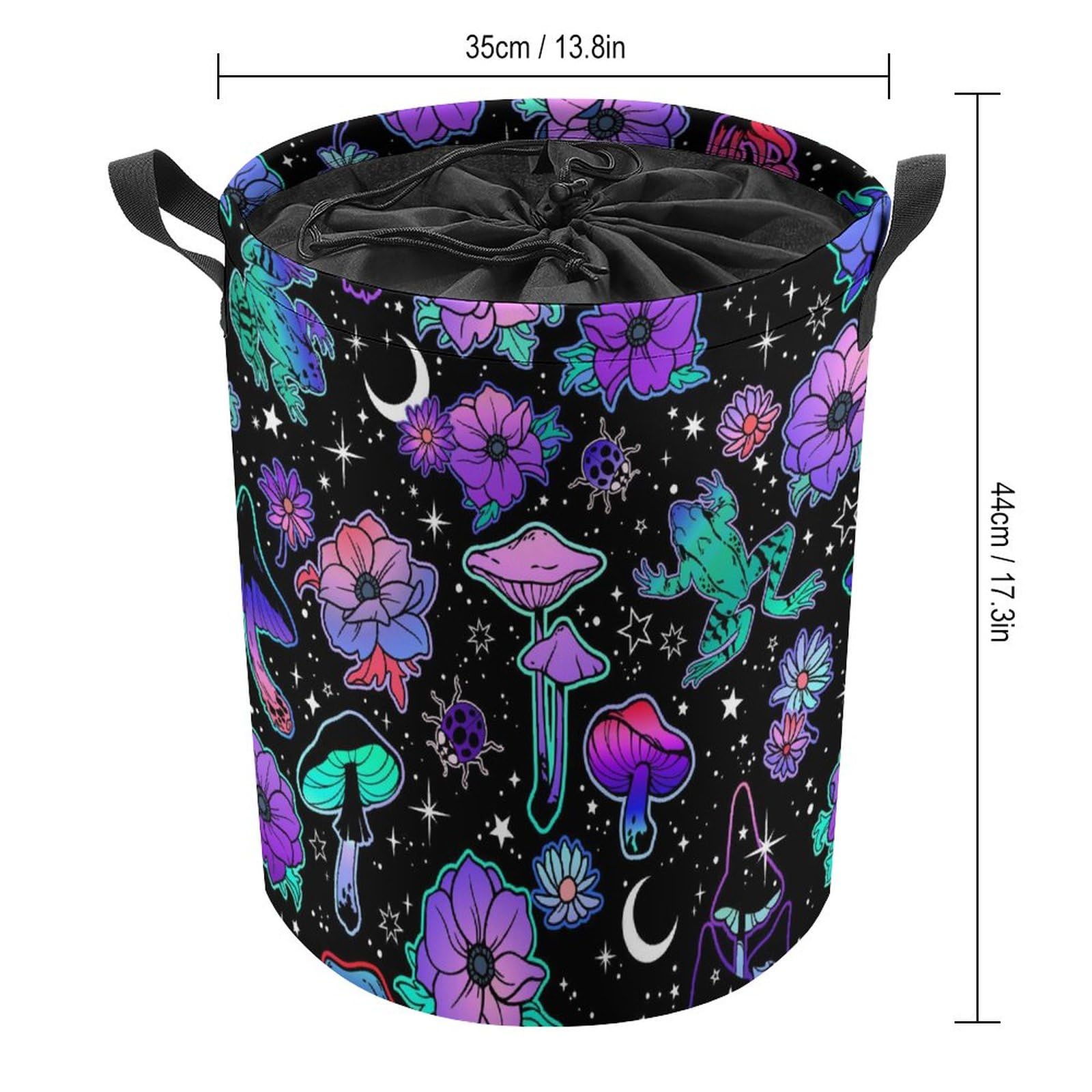 Large Laundry Basket, Collapsible & Waterproof Laundry Hamper, Purple Flower Trippy Goth Moon Mushrooms Floral Round Storage Baskets for Clothes, Toys, Family