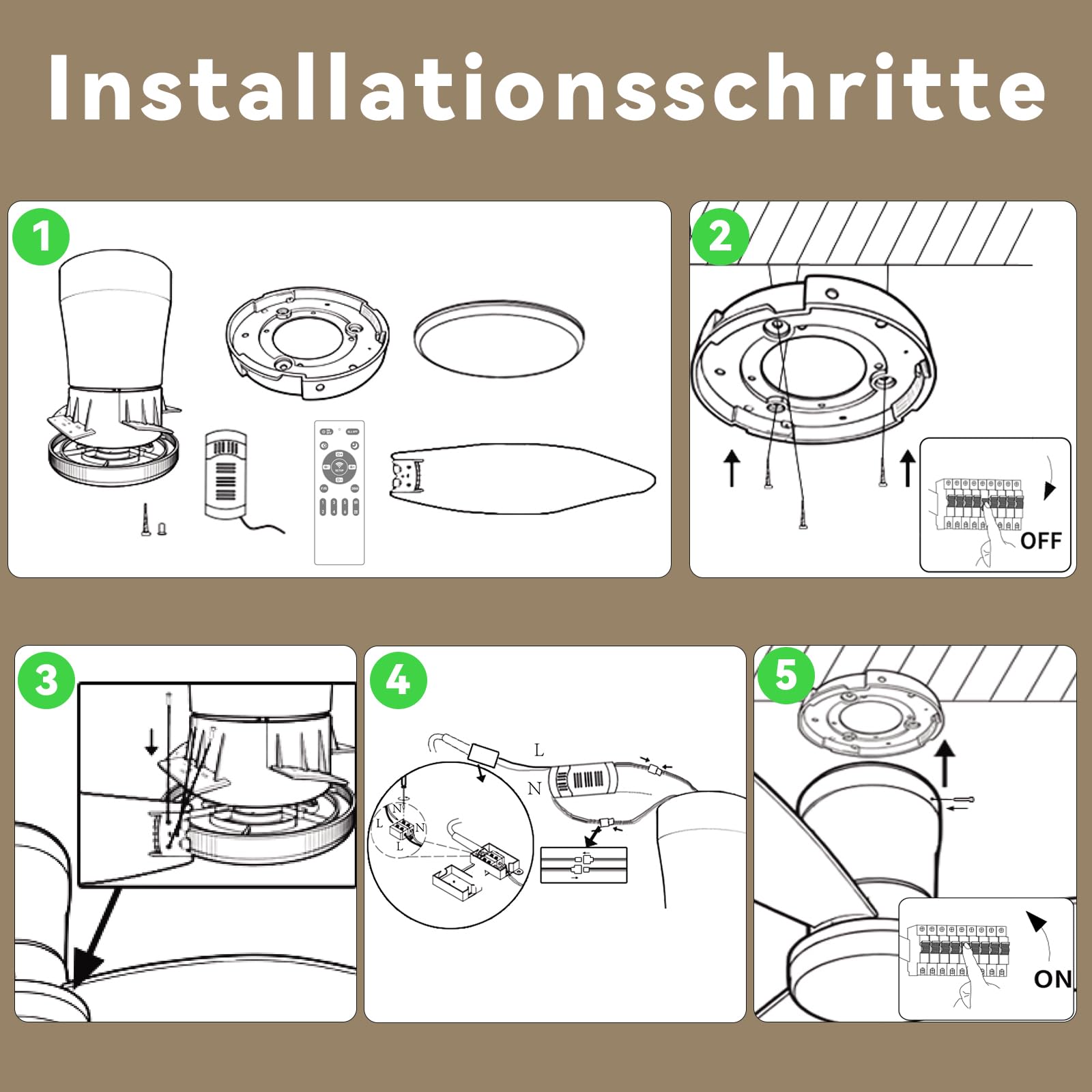 Homefire Ventilador de techo luz - Ventilador de techo silencioso de 3 aspas con luz, blanco, brillo ajustable, 6 velocidades, control remoto Lámpara de techo para dormitorio o cocina