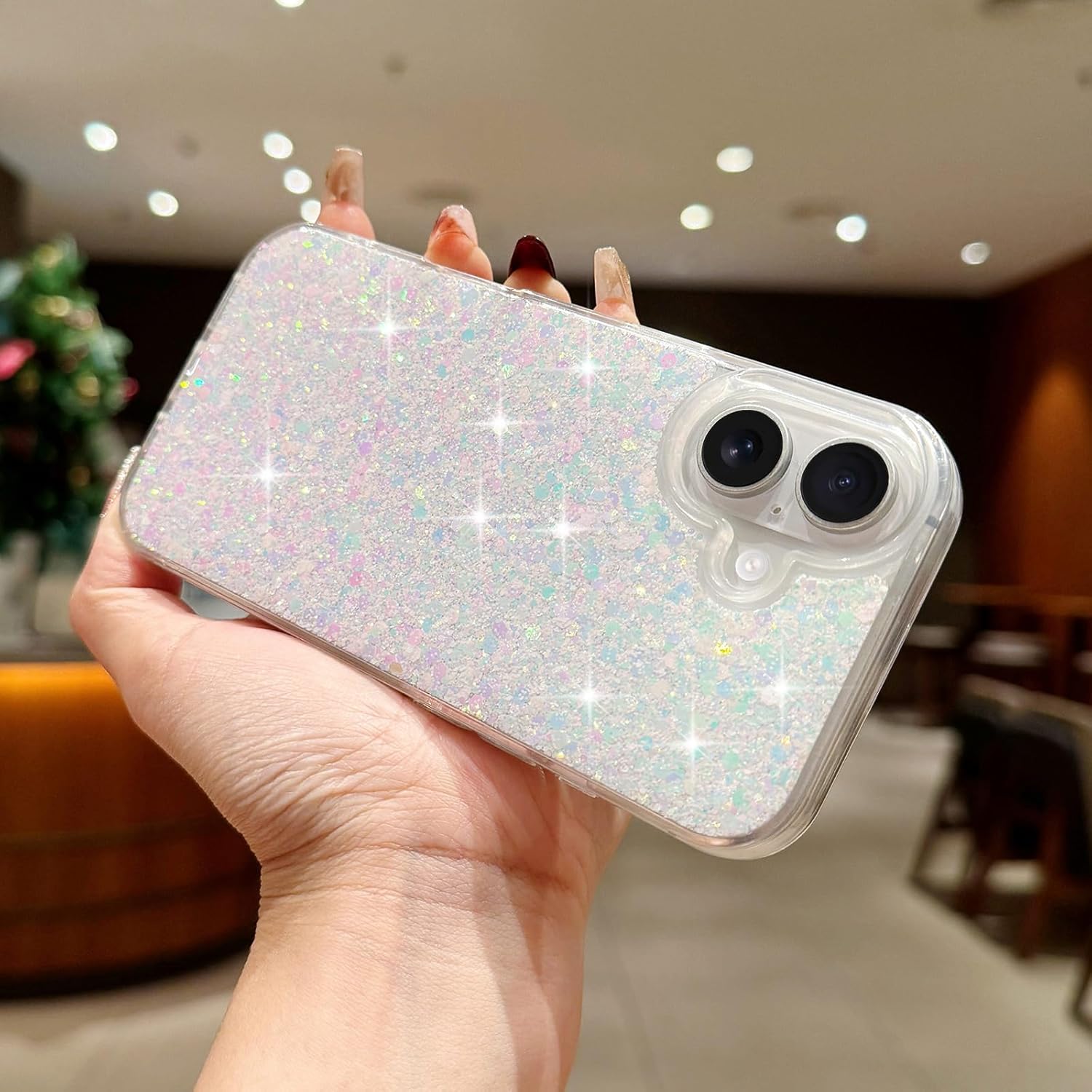 LCHULLE for iPhone 16 Case Bling Glitter for Women Girls Cute Shiny Sparkle Sequin Stars, Soft TPU Silicone Cover Shockproof Anti-Scratch Protective Phone Case for iPhone 16 6.1 inch (White) - Image 8