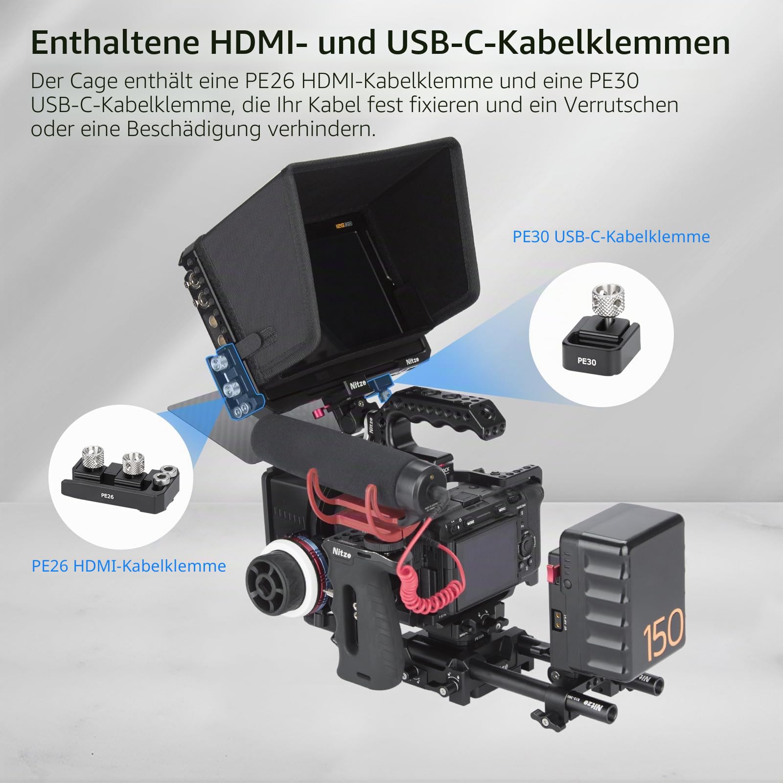 Nitze Cage für Blackmagic Design Video Assist 7" 12G-SDI/HDMI HDR Aufnahmemonitor mit Sonnenblende, HDMI Kabelklemme und USB-C Kabelklemme – JT-B02B