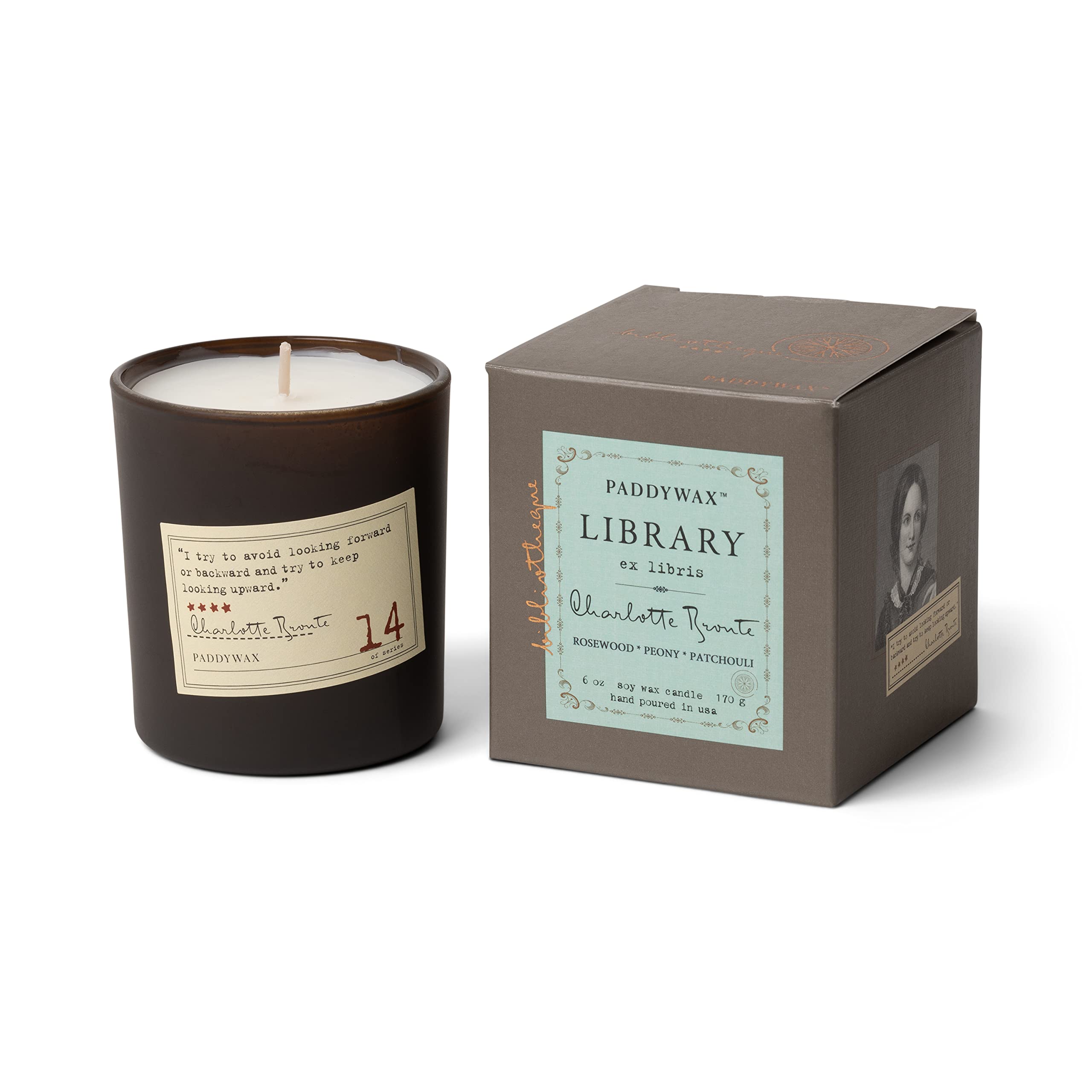 Paddywax Candles Library Collection Scented Candle, 6-Ounce, Charlotte Bronte - Rosewood, Peony, Patchouli
