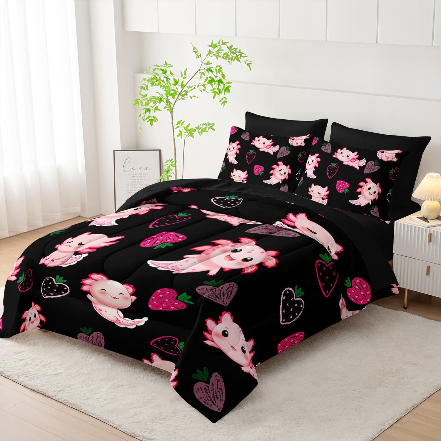 Cute Axolotl Comforter Set,Bed in a Bag Queen Size 7 Pieces,Marine Life Themed Bed Set for Kids Girls Toddler,7Pcs Bedding Set with Comforter,Fitted Sheet,Flat Sheet,Pillowcases.