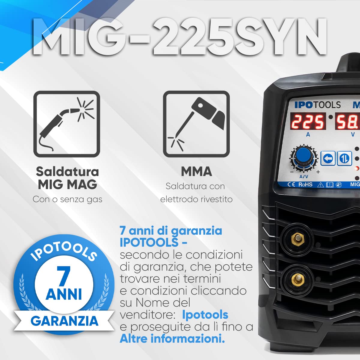 IPOTOOLS MIG-225SYN Saldatrice sinergica MIG MAG – Saldatrice sinergica MIG con IGBT 225A 230V, flusso MIG 3 in 1, saldatura a elettrodo MMA, saldatrice portatile, 7 anni di garanzia
