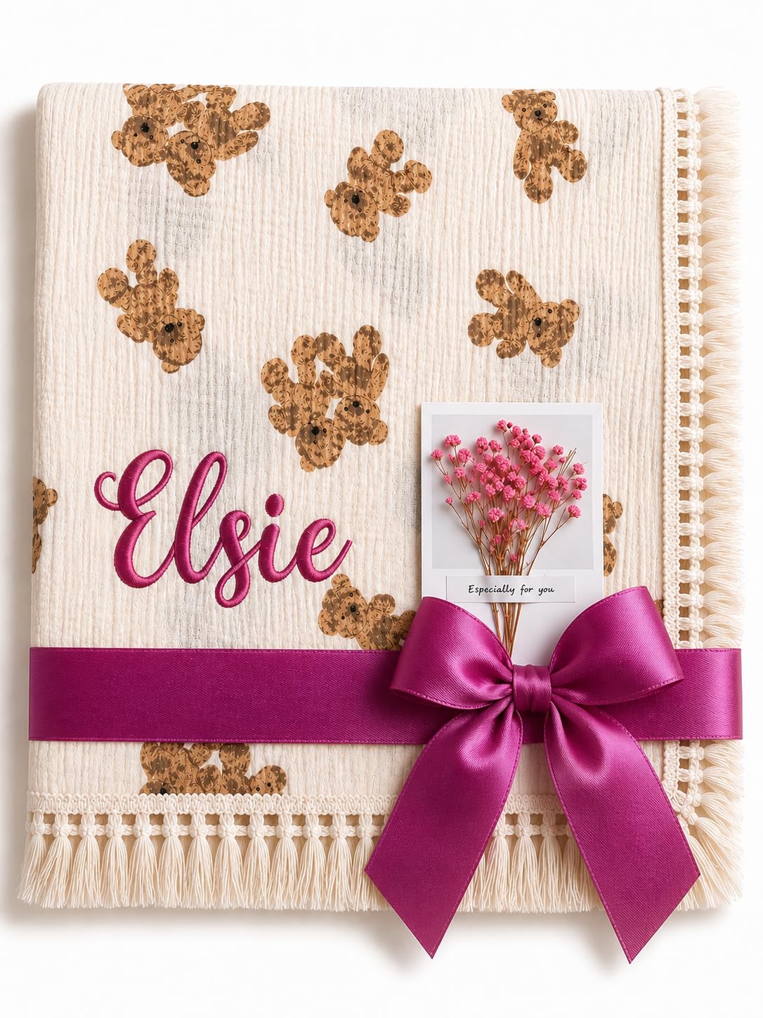 DreamBuy Personalised Baby Blanket Embroidered with Name Soft Customised Blanket for Newborn Baby Girl Cot & Pram Blanket Baby Girl Present 120x100cm (Twin Bear)