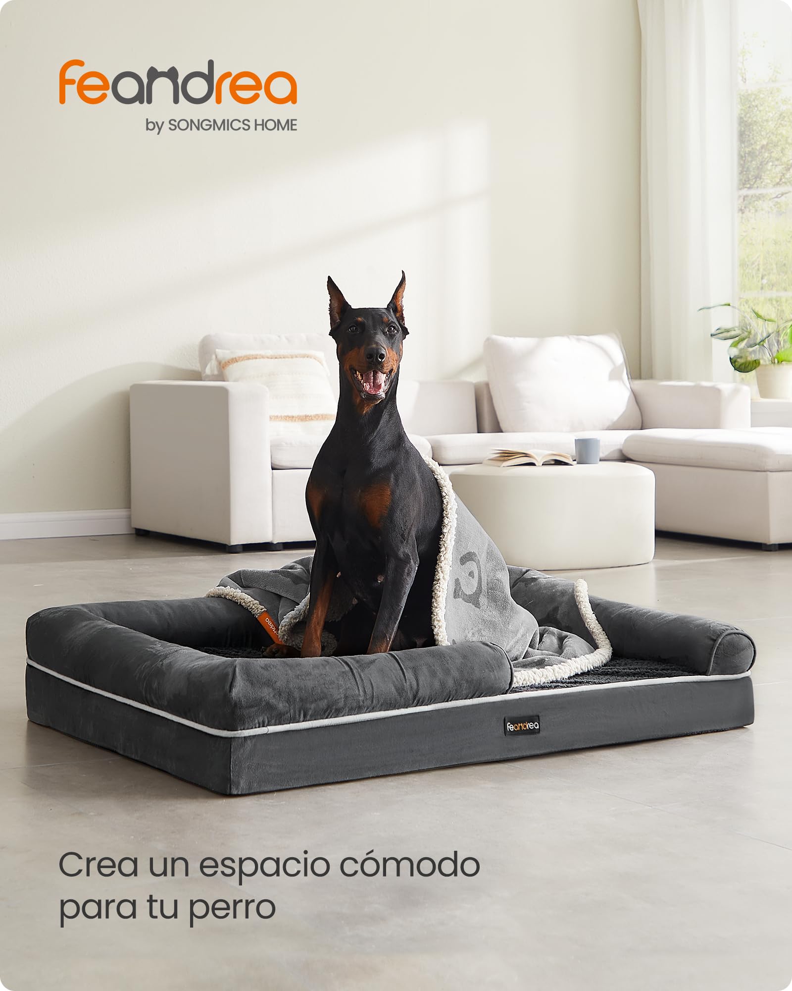 Feandrea Cama Ortopédica para Perros, Sofá, Cama para Mascotas, Acolchado Suave, Bordes Elevados, Funda Extraíble y Lavable, 122 x 85 x 20 cm, Antideslizante, Gris Osucro PGW078G01