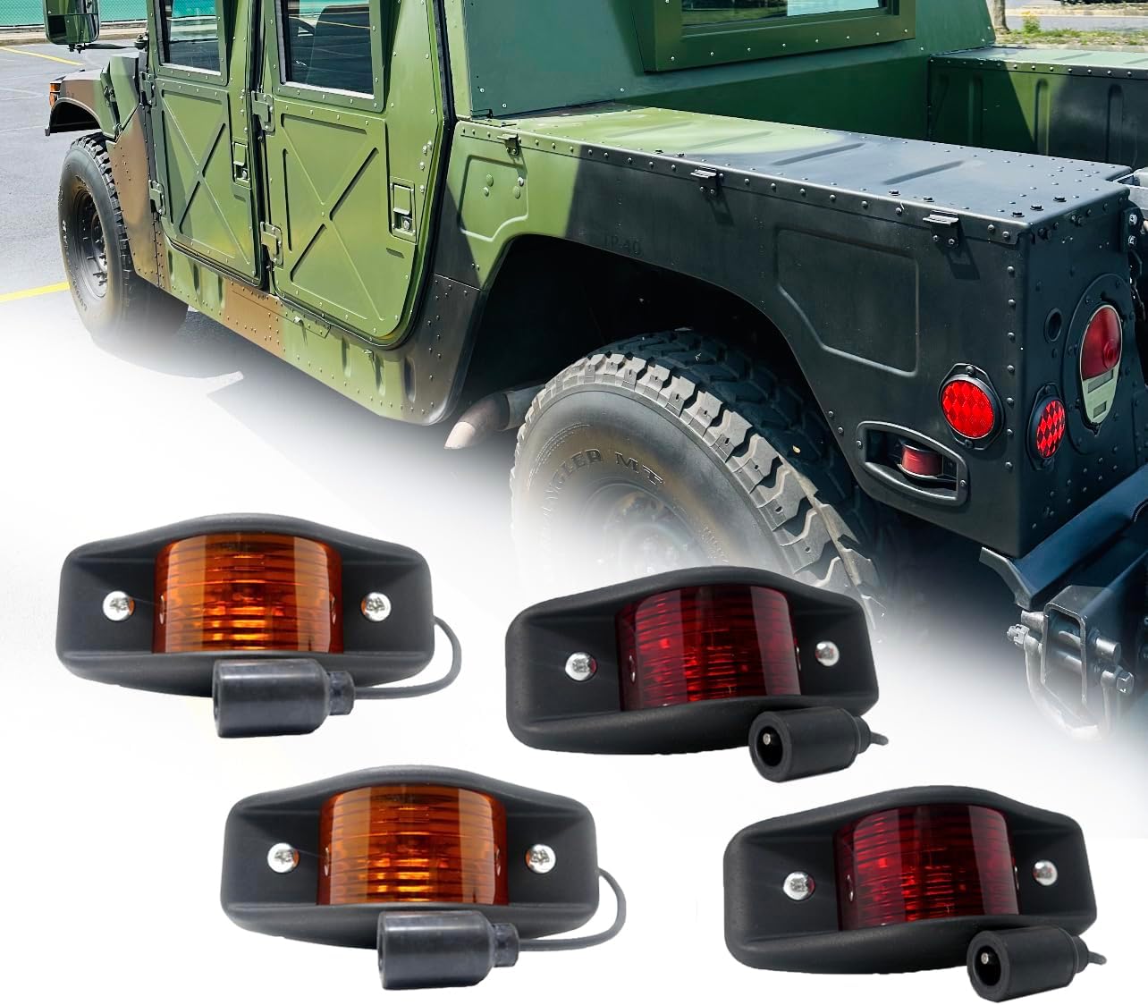 Side Marker Clearance Light, Set of 4 (2 Front + 2 Rear), Black Housing, Red and Amber Composit Lens, Bright LED 24V, Compatible with HUMVEE and All Military Vehicles, Universal, M998, H-1