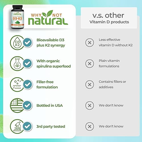 Miniatura 5 de Why Not Natural Vitamina D3 K2 (MK-7) con espirulina orgánica, suplemento extra fuerte de 10000 UI en cápsulas vegetales, apoya la salud ósea, el