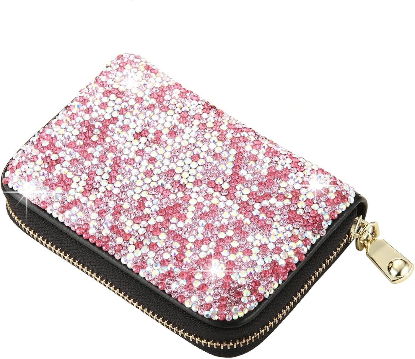AsAlways Rhinestone Credit Card Holder for Women RFID Blocking Wallet Slim Leather Zipper Card Case Wallet (Pink)