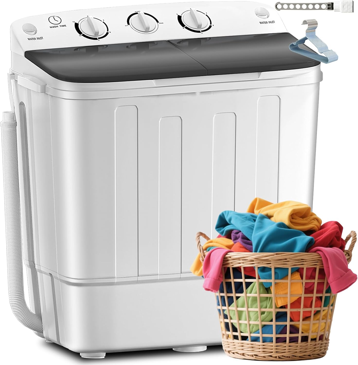 Erivess Portable Twin Tub Washing Machine, Buy 1(washer) Get 1(Dry Rack) Free! 11lbs Washer Mini Compact Laundry Machine and 7lbs Spinner, Semi-automatic Washer Combo for Dorms, Apartments(white)