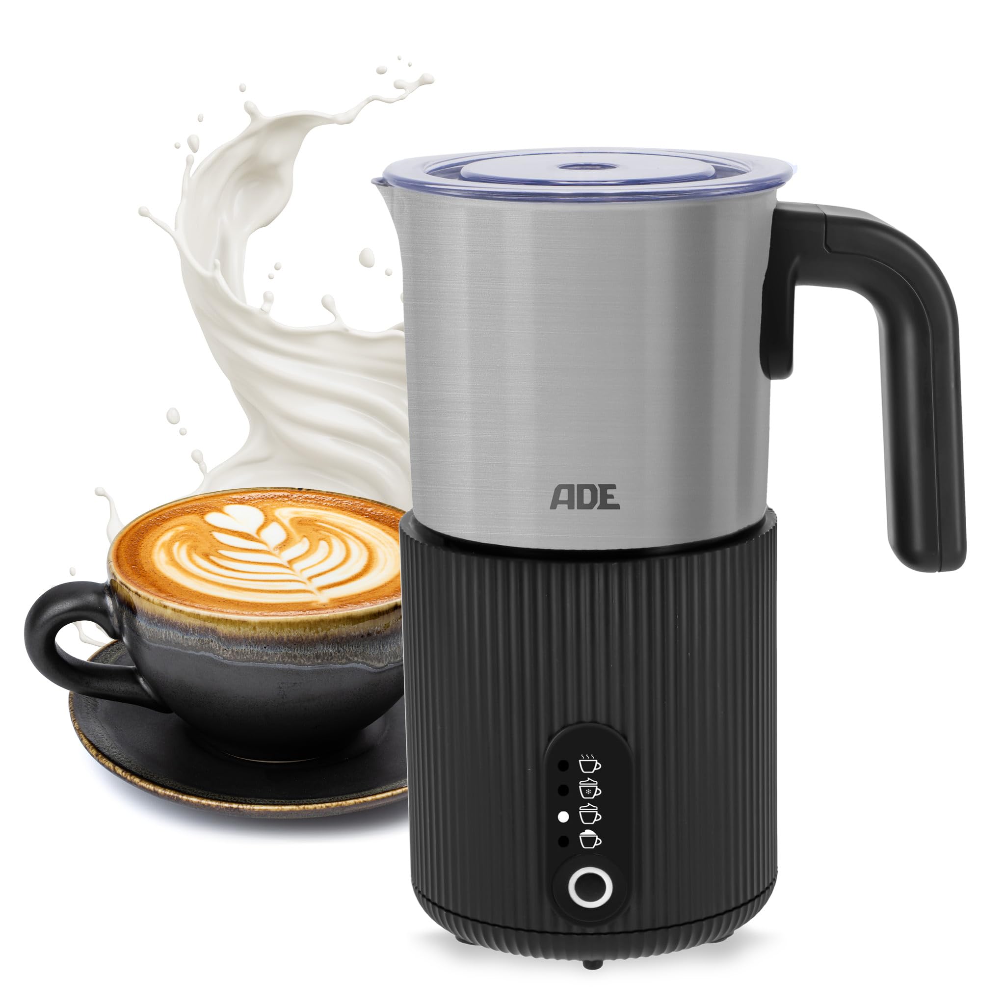 ADE Design Elektrischer Milchaufschäumer 4in1 | für heißen & kalten Milchschaum | Milchwärmer | für 1-2 Tassen | für Cappuccino, Latte Macchiato, Eiskaffee, Kakao | 300 ml | 500 W