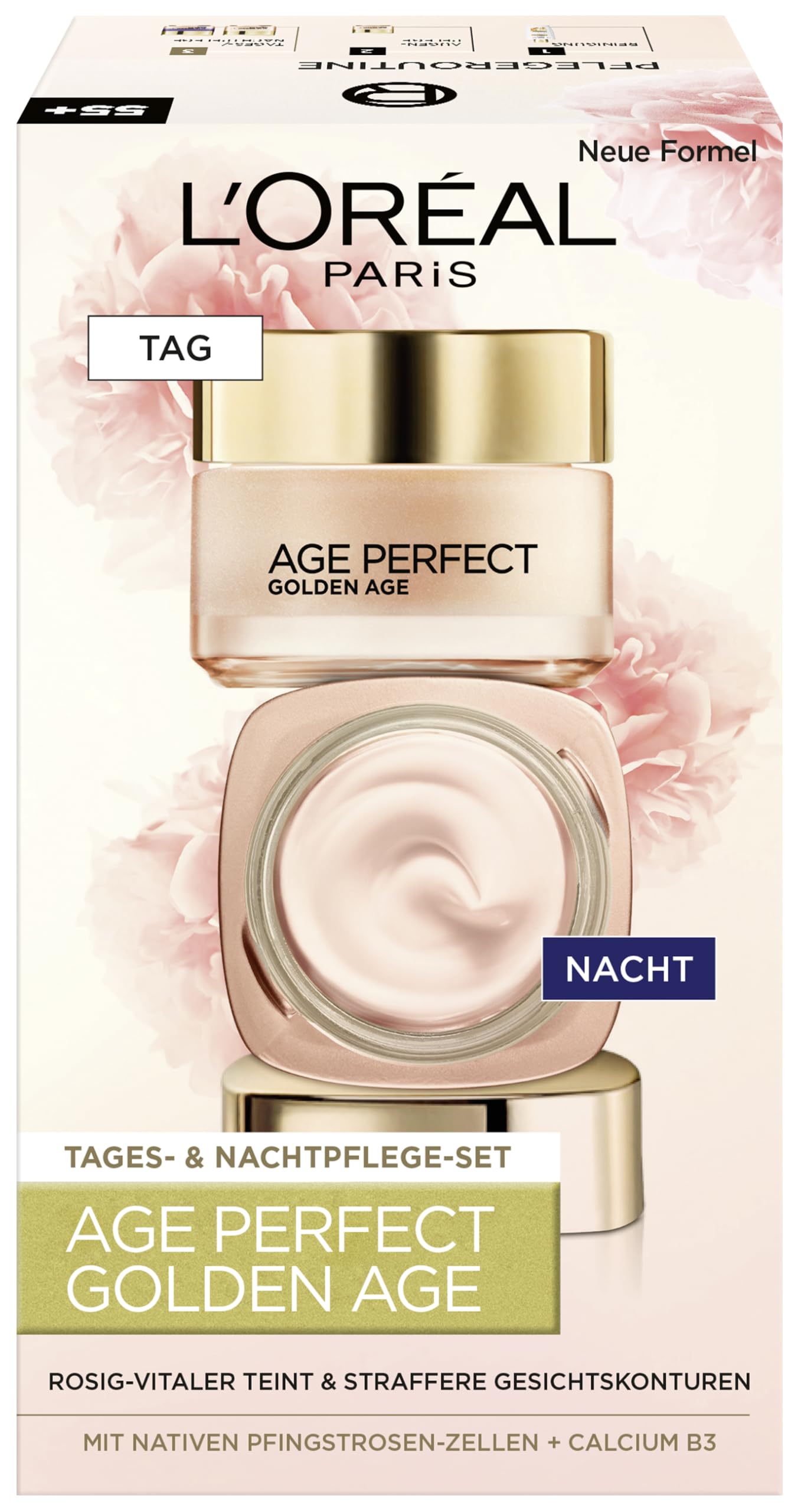 L'Oréal Paris Gesichtspflege Set, Age Perfect Golden Age, Anti-Aging Tagespflege und Nachtpflege, Festigung und Glanz, Für reife und fahle Haut, Mit Pfingstrosen-Extrakt, 2 x 50 ml