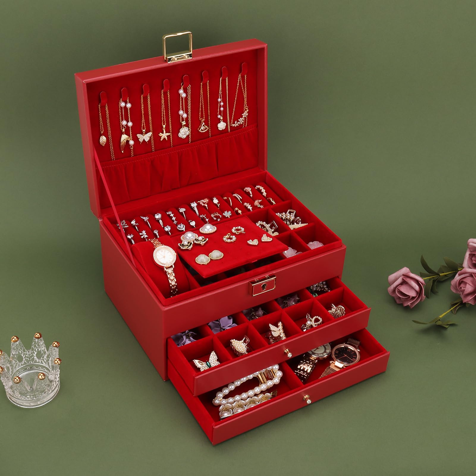 DesignSter Portagioie in pelle con serratura, 2 cassetti, 3 strati custodia per collane, orecchini, bracciali, anelli - rosso