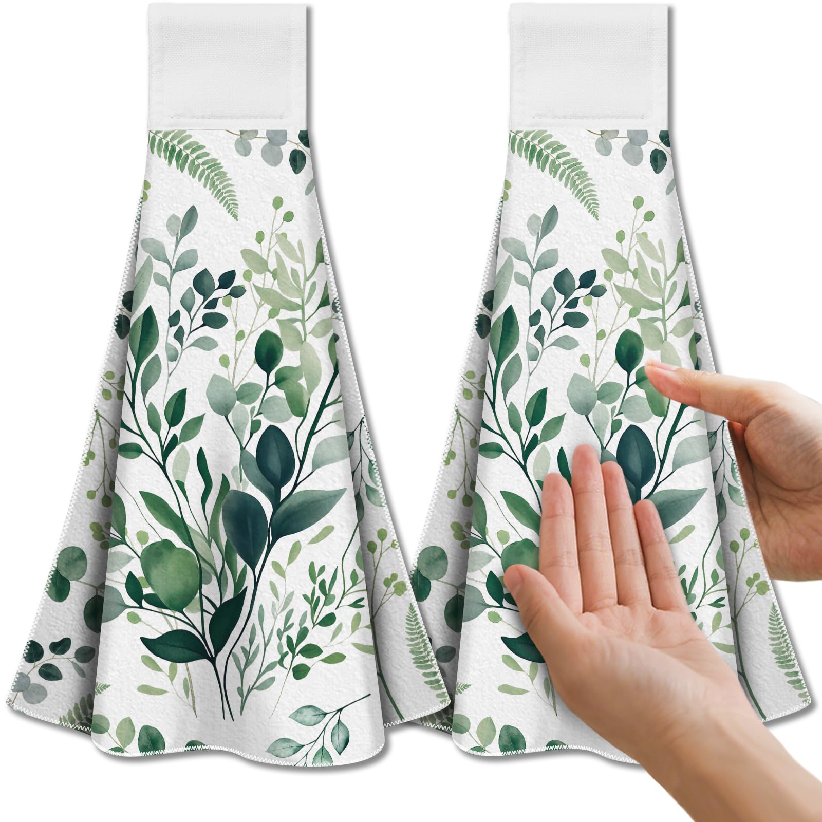 CUTHOLLOW 2 Pcs Watercolor Green Leaves Hanging Kitchen Towels with Loop