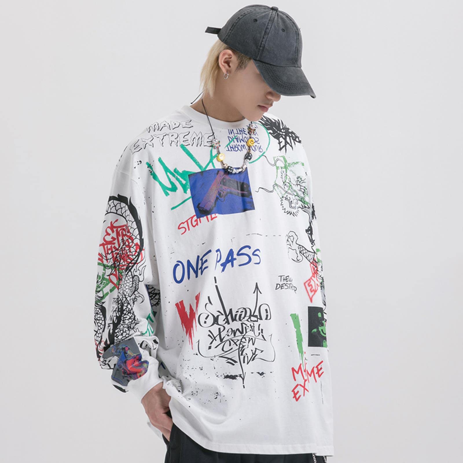 Maglietta da uomo Streetwear Hip Hop Graffiti a maniche lunghe Harajuku Tshirt oversize autunno allentato T-shirt in cotone Causale Top Tees-A212011 Bianco, Asiatico XL