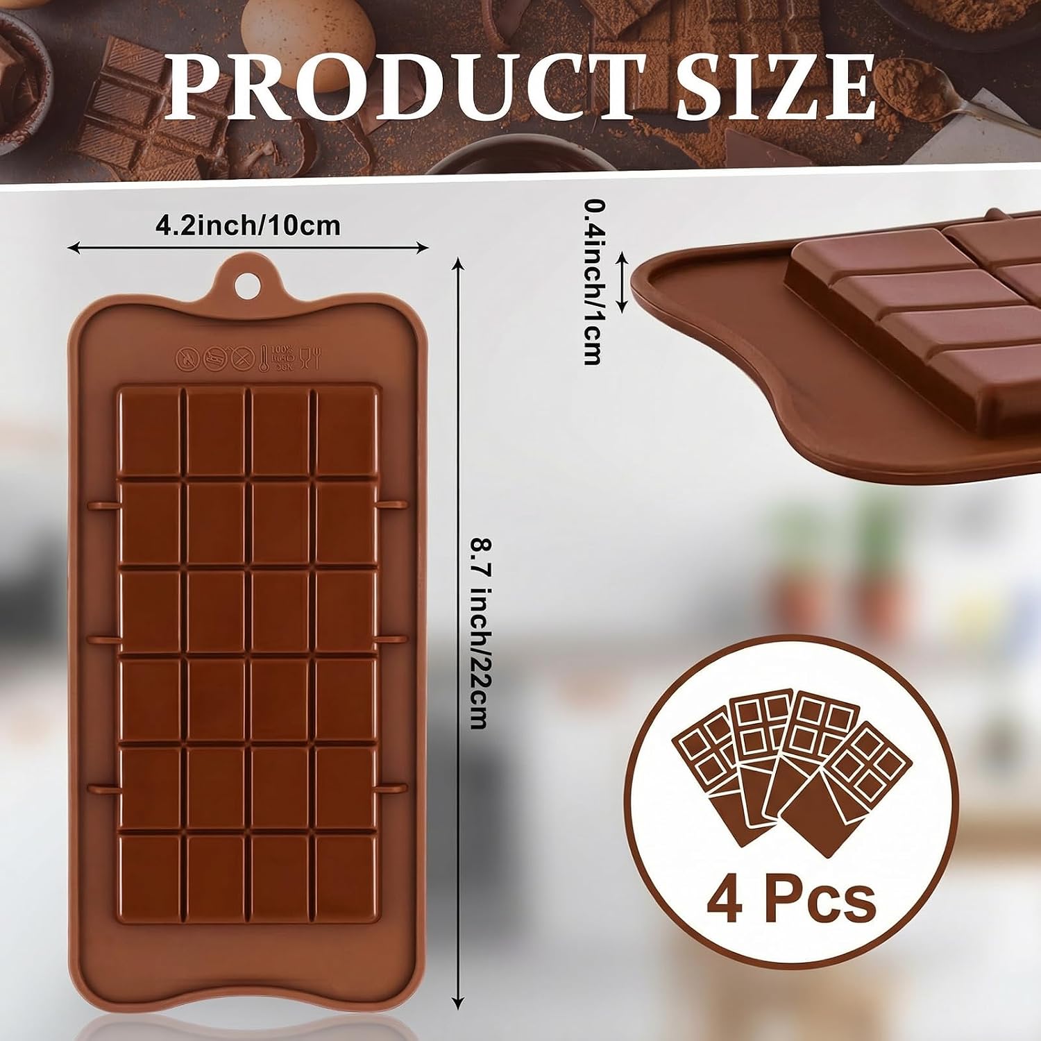 4 Pcs Break-Apart Chocolate Molds, Chocolate Bar Silicone Molds, Non-Stick Chocolates Bar Mold for Baking Chocolates, Candy, Protein Energy Bars image 2