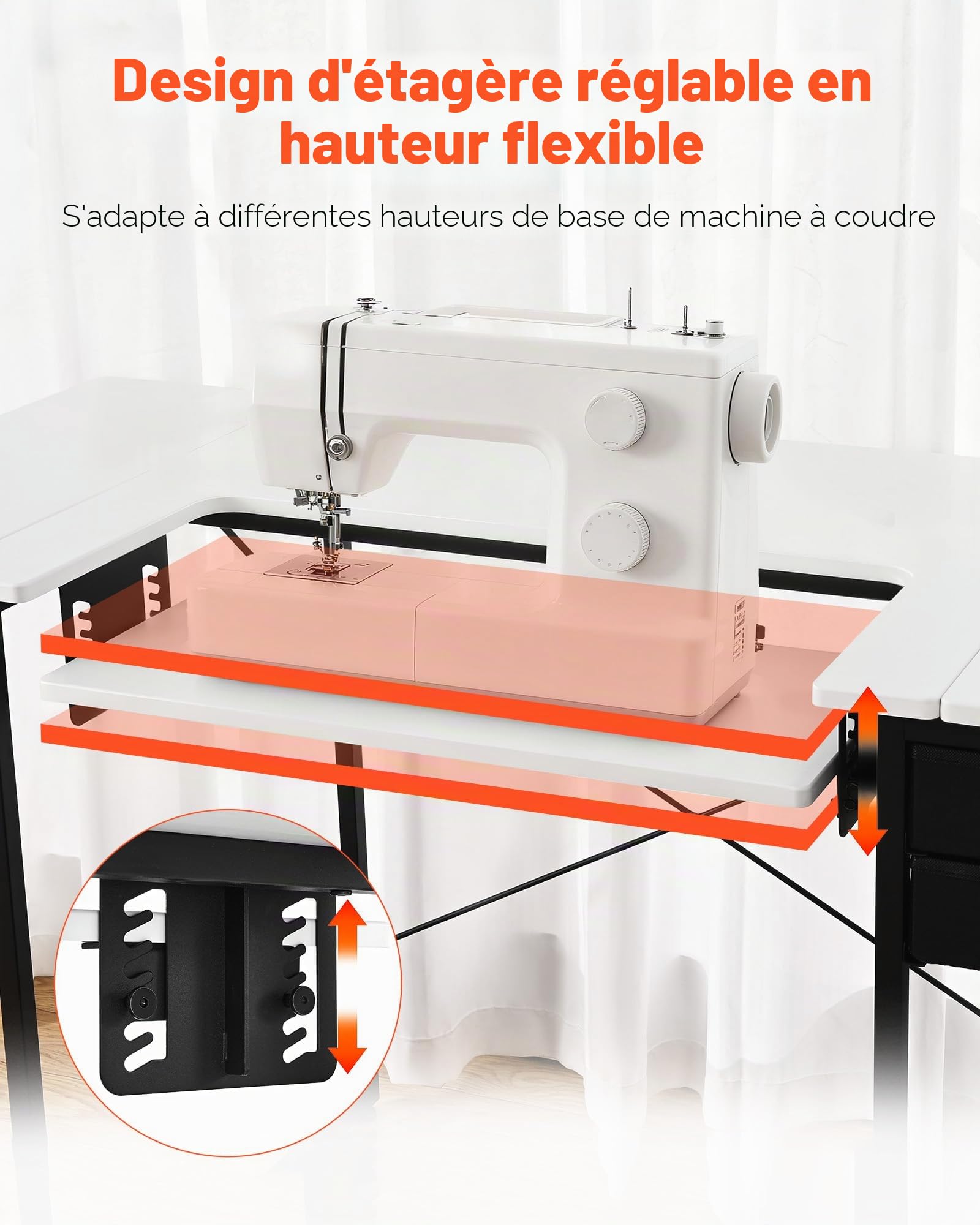 VEVOR Table de Couture, Pieds en Acier, Table pour Machine à Coudre Polyvalente avec tiroirs, Tablette latérale Pliable, étagère réglable, pour Maison, Studio d'art, établissement d'enseignement