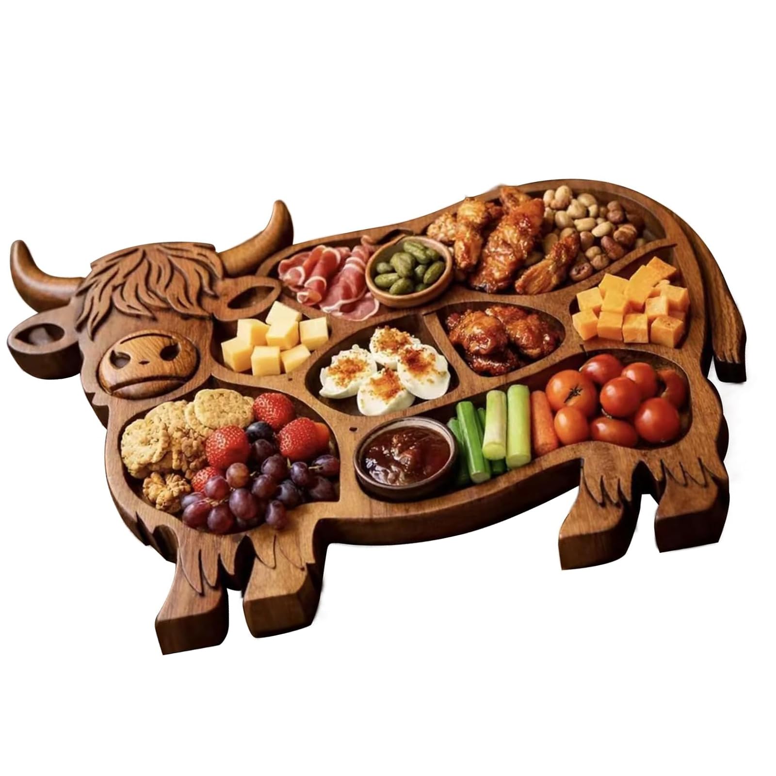 zhongko Highland Cow Puzzle Charcuterie Boards, Wooden Charcuterie Board with Compartments, Cow Shaped Serving Tray, Hand Carved Grazing Board, Rustic Food Platter for Cheese, Meat, Fruit and Snacks