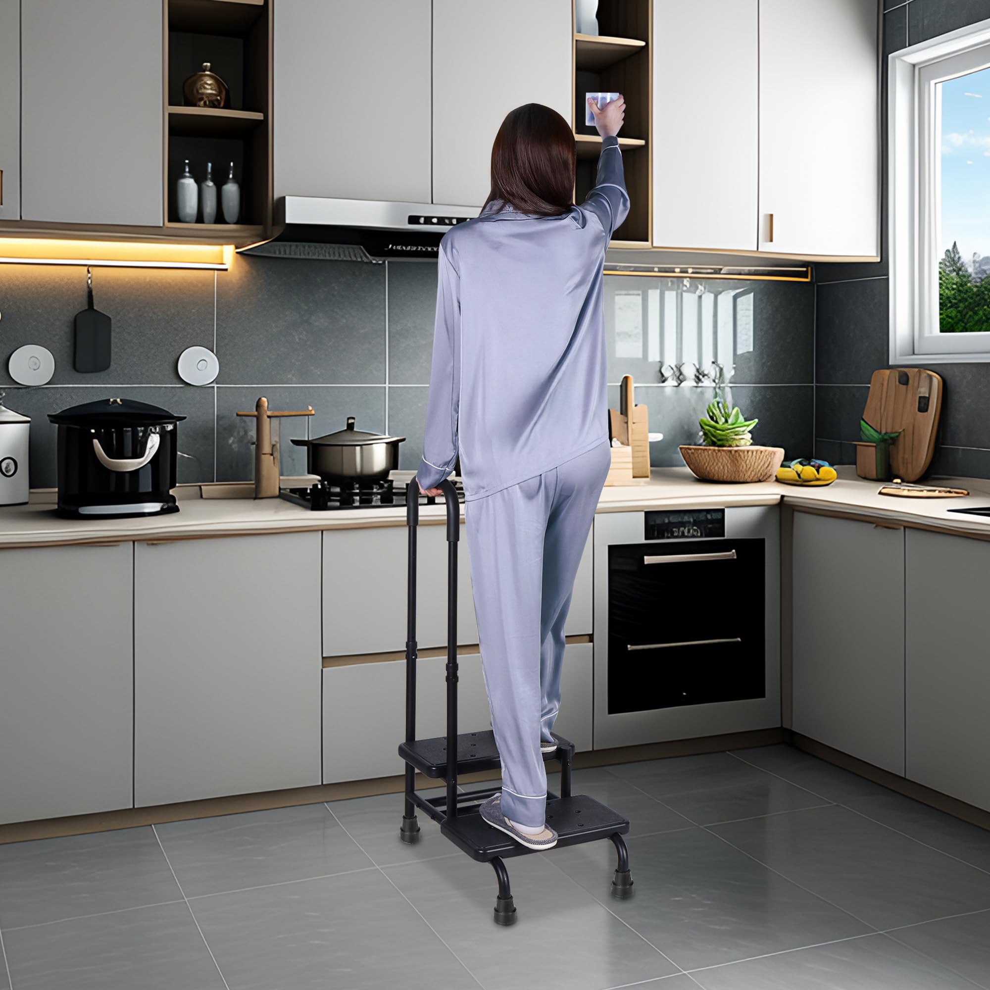 Escabeau Marchepied pour Lits Superposés Adultes - 2 Tabourets Réglables avec Main Courante, Plateforme Antidérapante, Usage Cuisine/Voiture/Caravane/Baignoire/Lit（Noir）