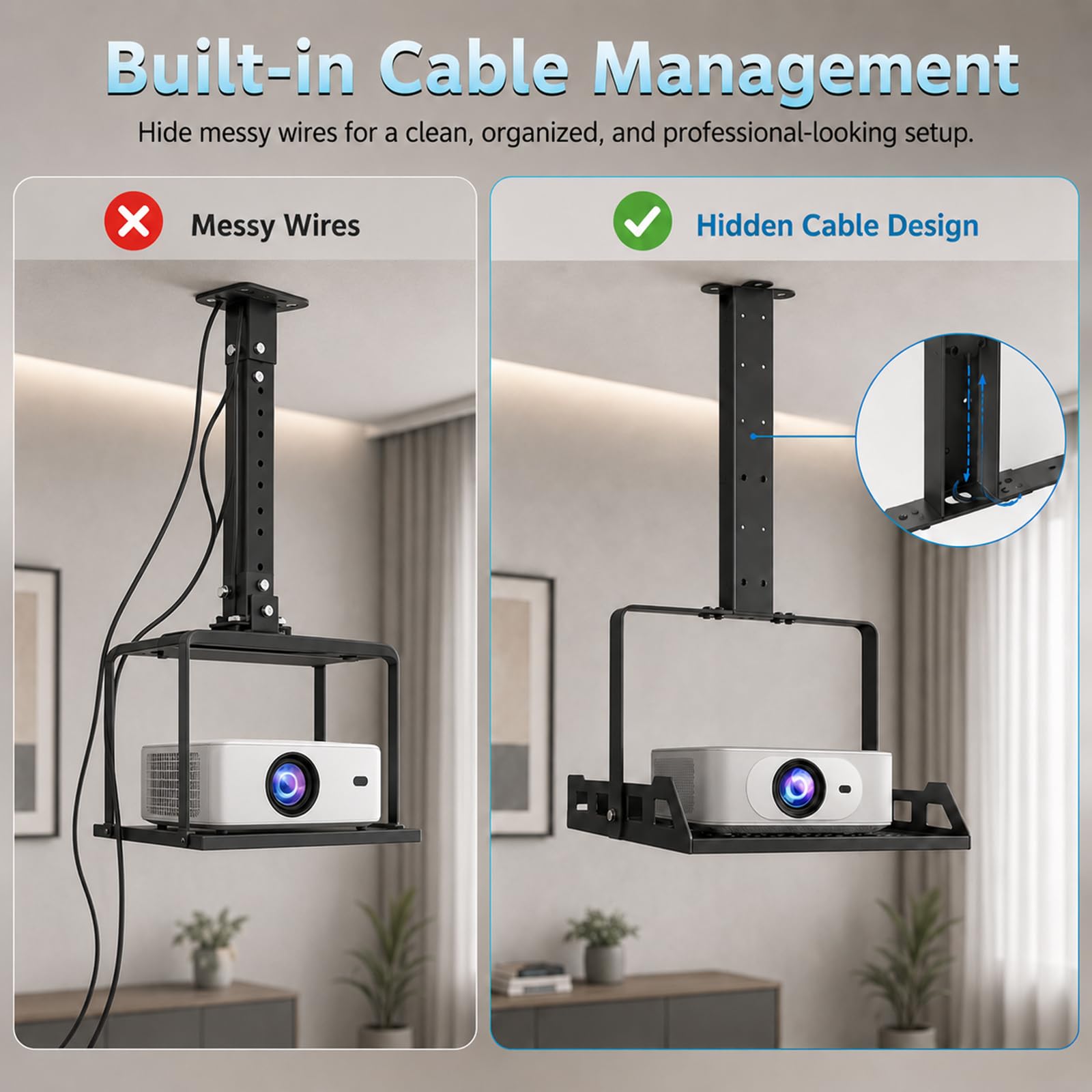 Supporto da soffitto per proiettore regolabile in altezza 30 – 56 cm – Supporto universale per proiettore per soffitto e parete con passacavo nascosto, portata 10 kg, ideale per home cinema, ufficio e