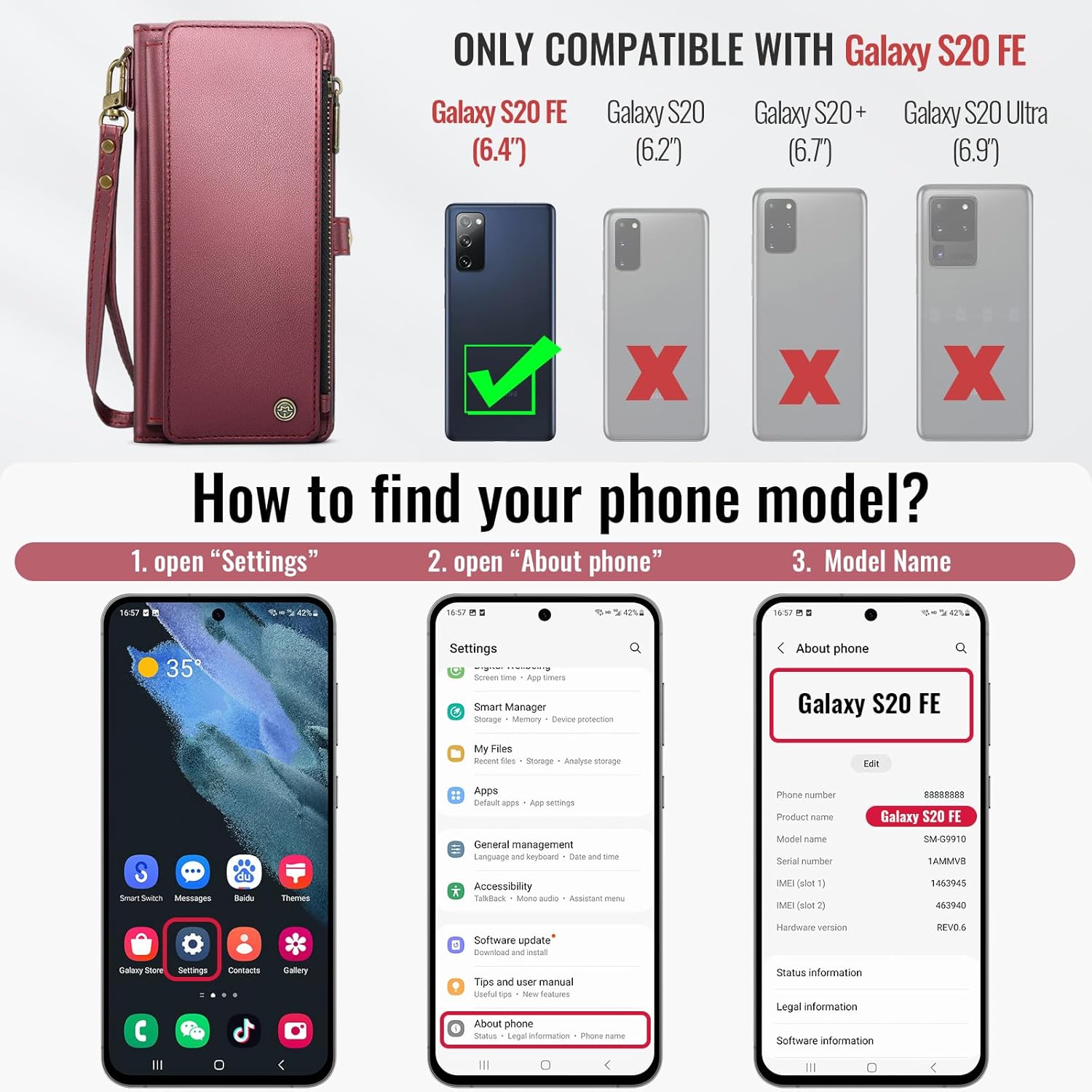 Defencase Compatible with Samsung Galaxy S20 FE 5G Case Wallet with RFID Blocking Card Holder for Women, PU Leather Magnetic Snap Flip Zipper Strap Wallet Phone Case Fit for Galaxy S20 FE 5G, Wine Red