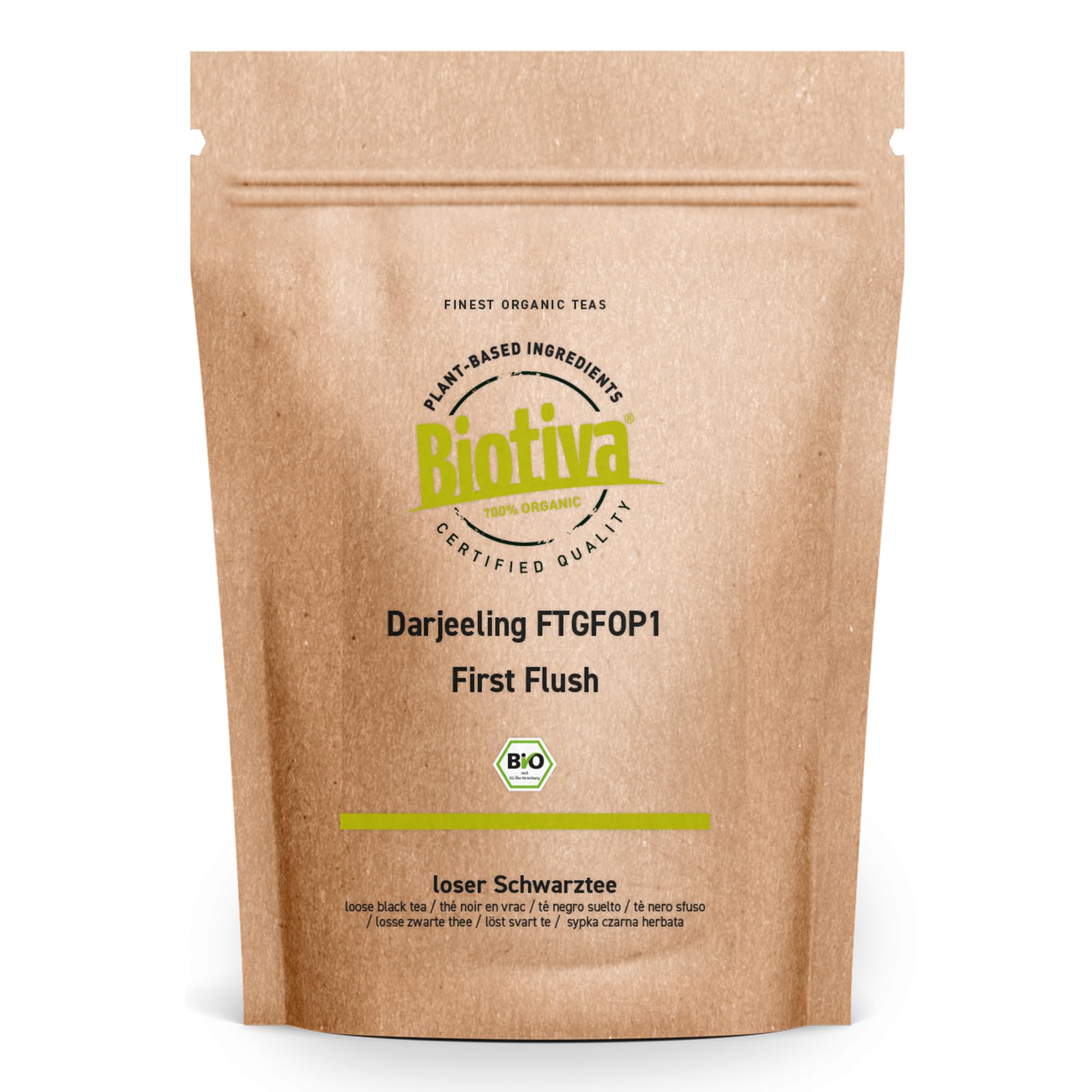 Darjeeling First Flush Bio 1kg (4x250g) - thé noir en vrac - arôme pétillant et harmonieux - thé en vrac à feuilles - Mis en bouteille et contrôlé en Allemagne - Biotiva