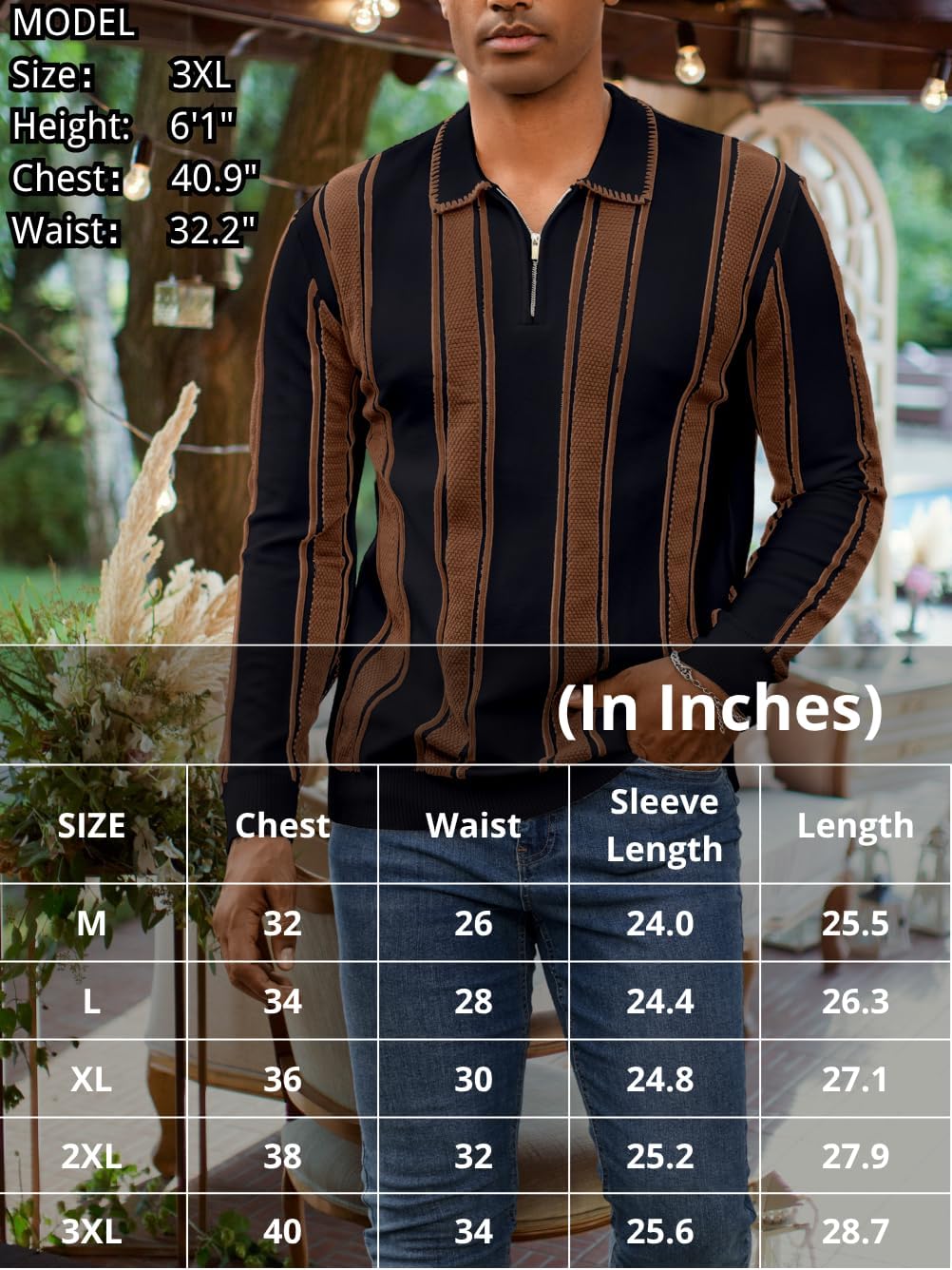 Men's Slim Fit Lapel Quarter-Zip Polo, Striped Lightweight Knit Pullover for Casual Wear - Image 6