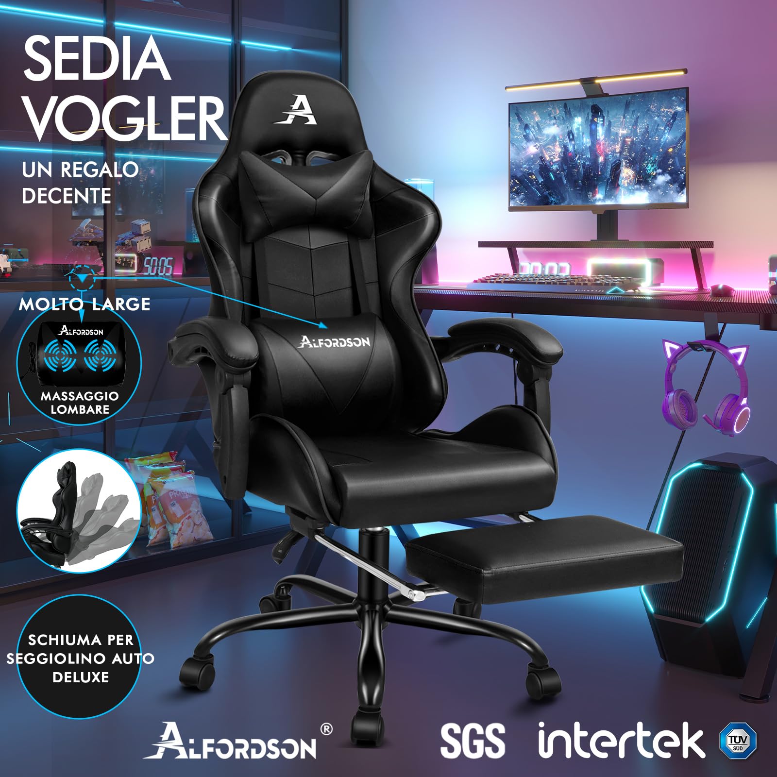 ALFORDSON Sedia Gaming Massaggiante, Sedia Professionale Gamer con Cuscino Lombare & Poggiatesta, Poltrona Ergonomica da Ufficio con Poggiapiedi, Regolabile 90-150°, Portata 180 kg, Similpelle(Nera)