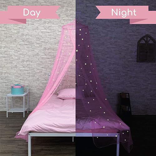 Miniatura 4 de Bollepo Toldo de cama rosa y morado para niñas con estrellas brillantes – Decoración de habitación de red de cuna de princesa | Cortinas de cama