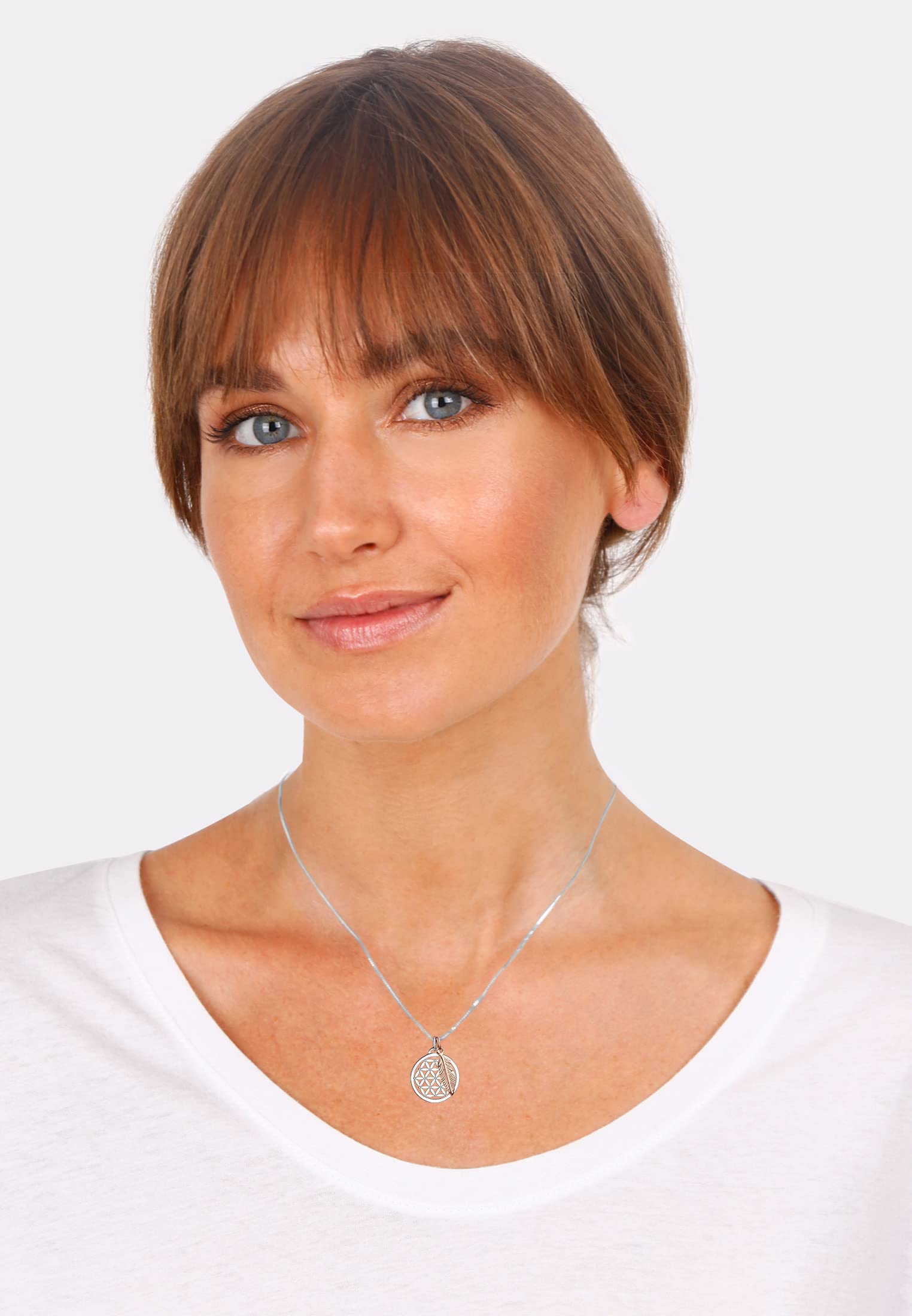 Elli Damen Echtschmuck Halskette Kette Lebensblume Feder Anhänger Bi-Color in 925 Sterling Silber