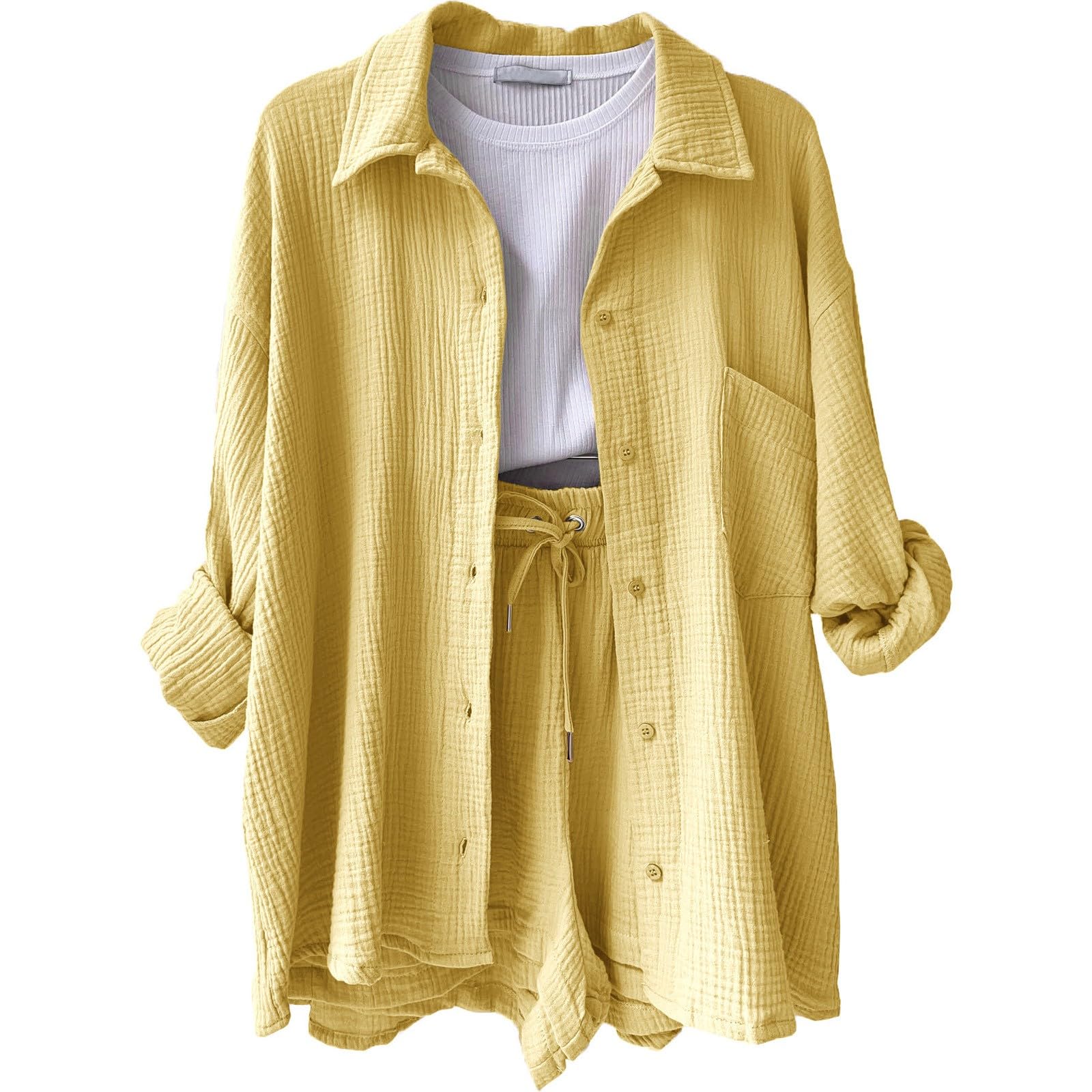 Womens 2 Piece Outfits Long Sleeve Button Down Shirts and Shorts Set Casual 2 Piece Sets Summer Oversized