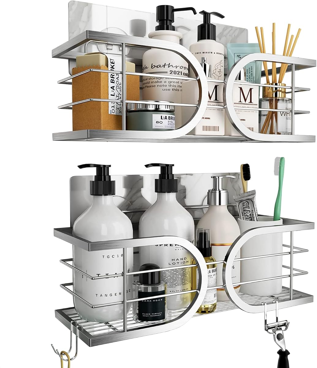 Shower Caddy No Drill Wall Mounted 304 Stainless Steel Durable Large Capacity Adhesive Shower Rack Organiser Quick Dry Rustproof Bathroom Storage Shelves - 2 Pack (Silver)